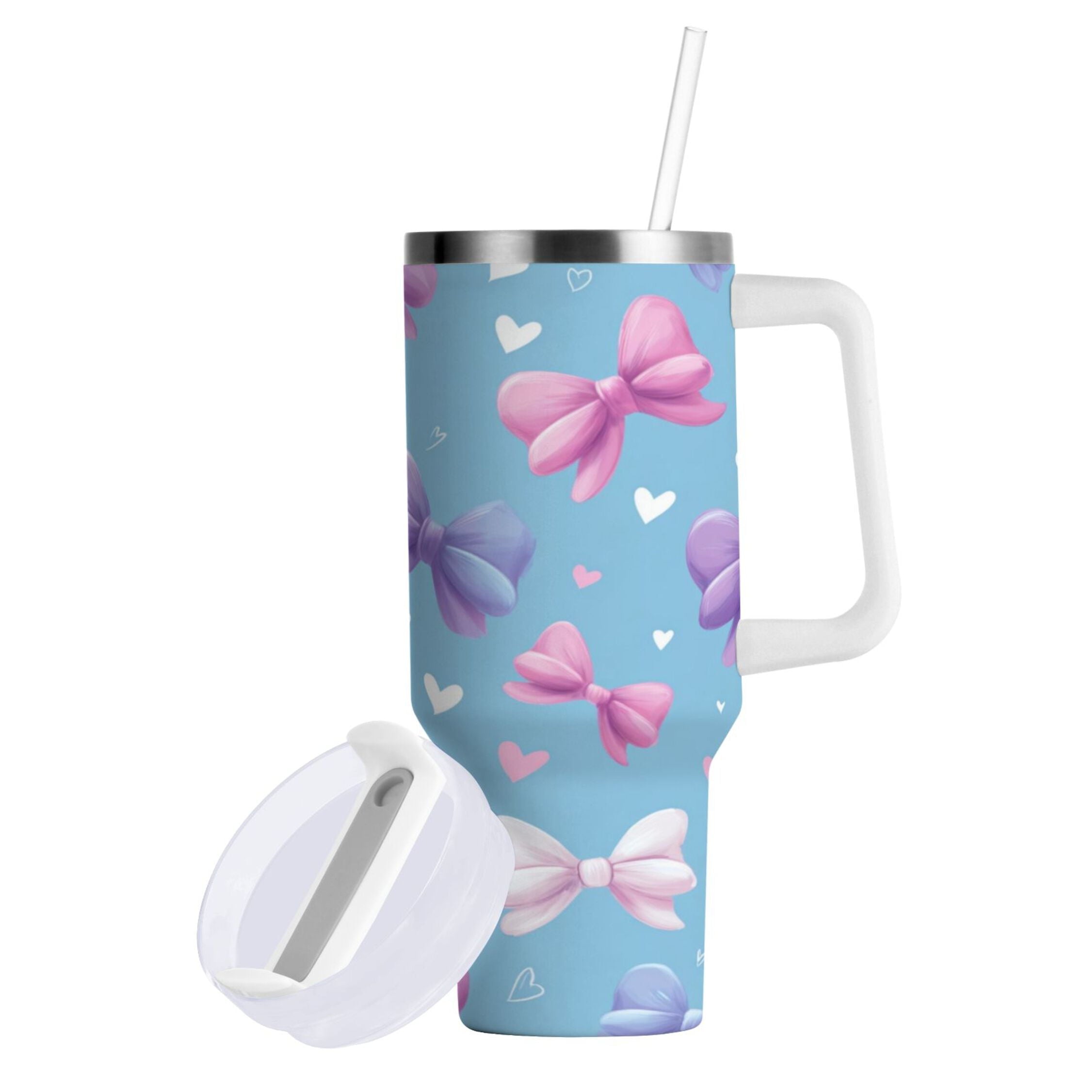 30 oz Insulated Stainless Steel Tumbler Double Wall Stainless Steel Tumbler with 2-Way Drinking Pink and Purple Bows M526E