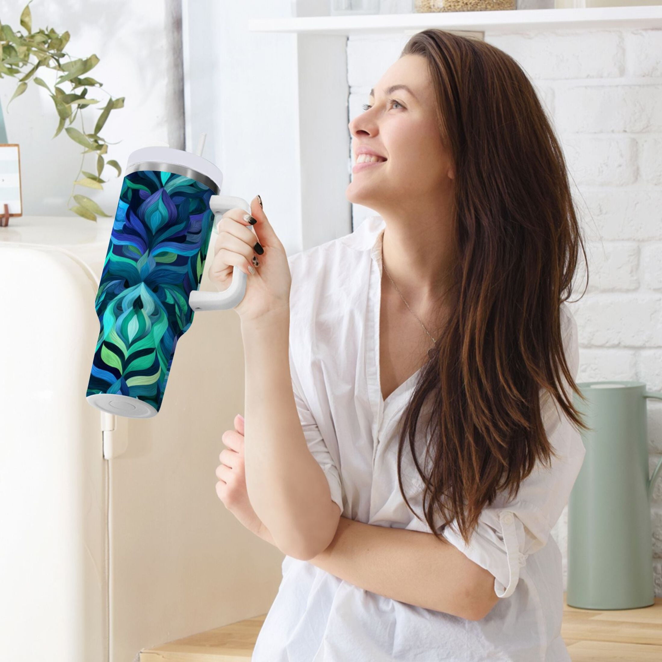 40 oz Insulated Stainless Steel Tumbler Double Wall Stainless Steel Tumbler with 2-Way Drinking Elegant Blue Abstract Shapes M609Q