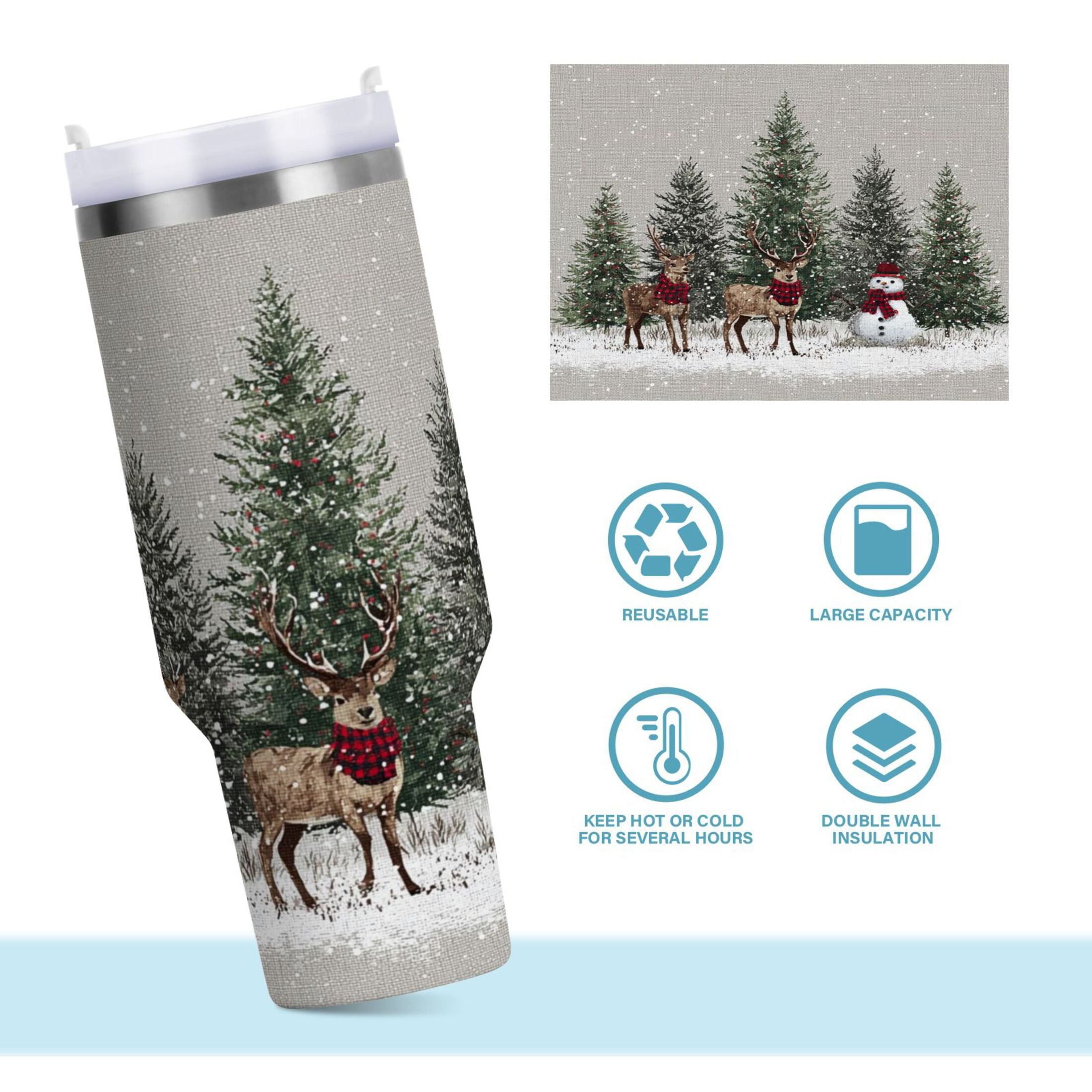 30 oz Insulated Stainless Steel Tumbler Double Wall Stainless Steel Tumbler with 2-Way Drinking Christmas Deer and Snowmen M619R