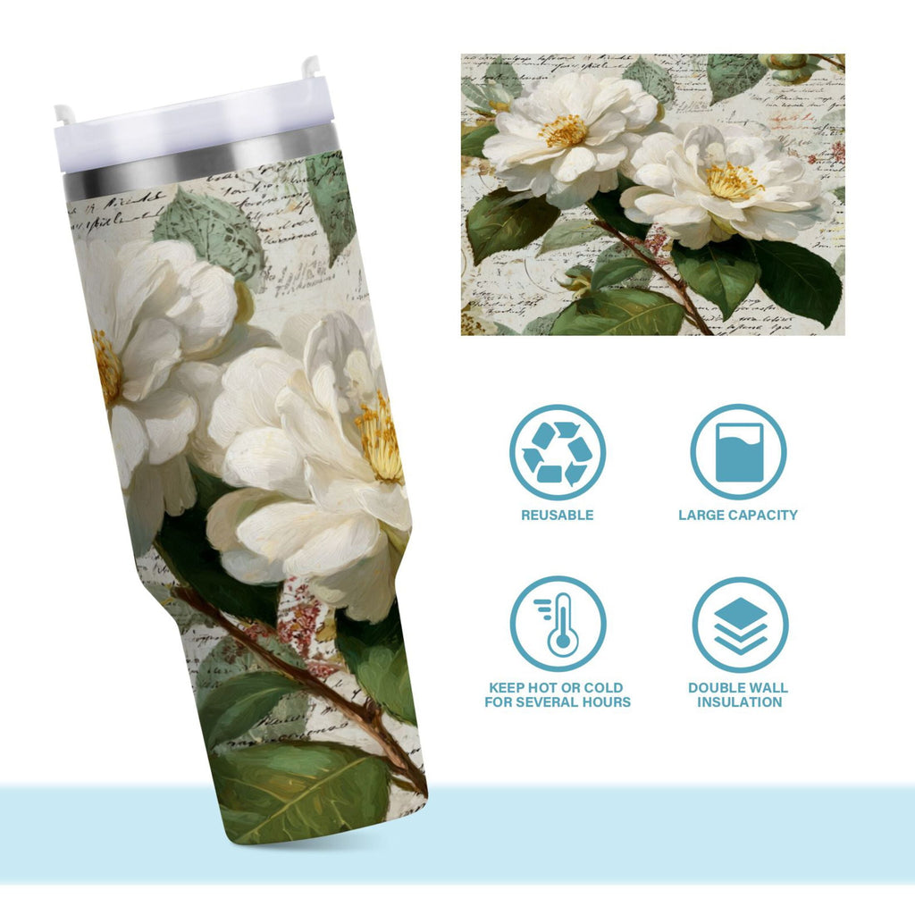 40 oz Insulated Stainless Steel Tumbler Double Wall Stainless Steel Tumbler with 2-Way Drinking Vintage White Camellias M622C