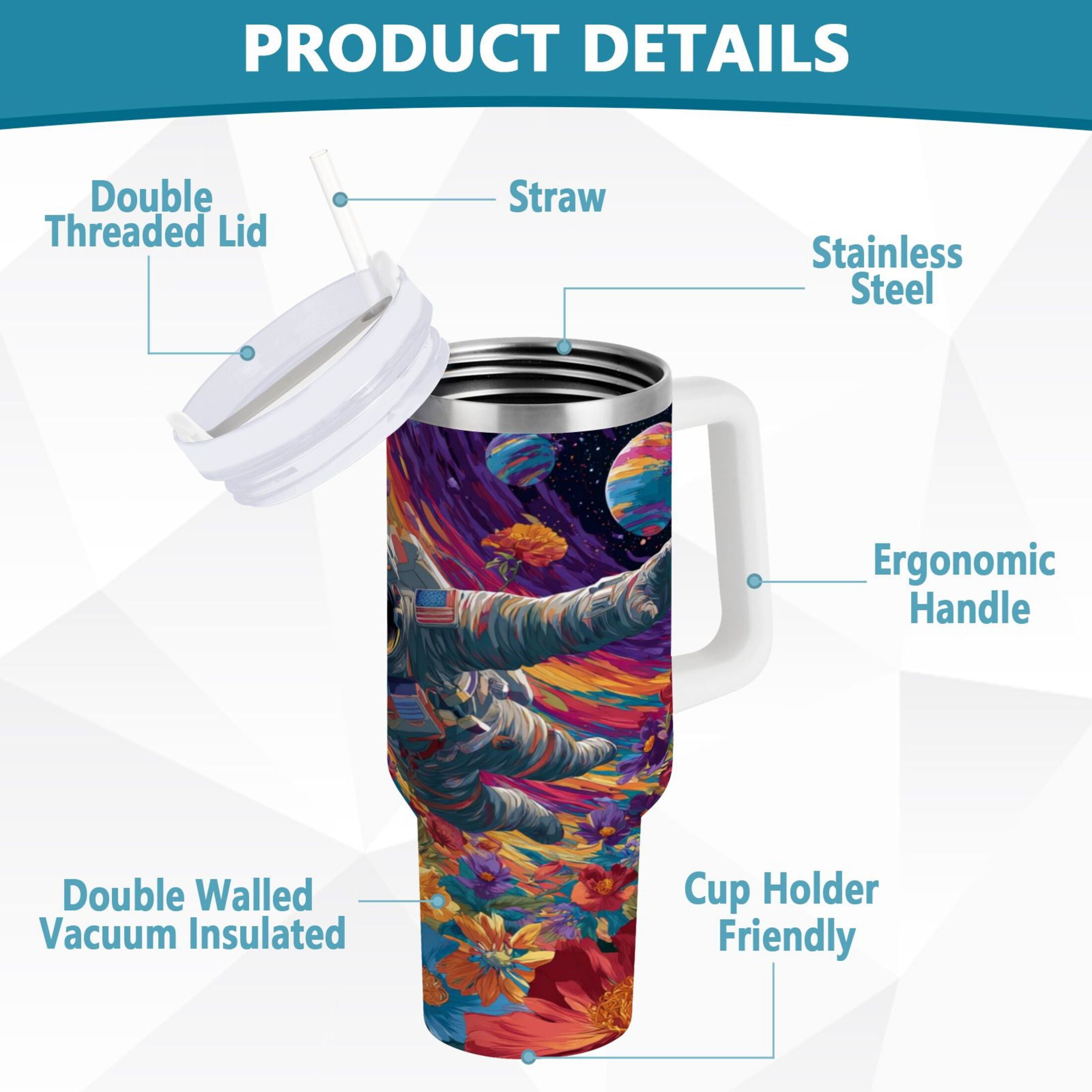 40 oz Insulated Stainless Steel Tumbler Double Wall Stainless Steel Tumbler with 2-Way Drinking Colorful Flowers and Planets M598M