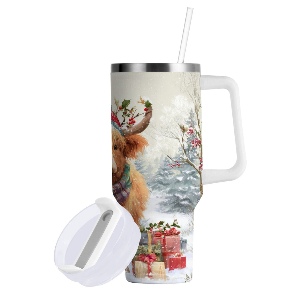 30 oz Insulated Stainless Steel Tumbler Double Wall Stainless Steel Tumbler with 2-Way Drinking Cow Wearing Christmas Hat M681C