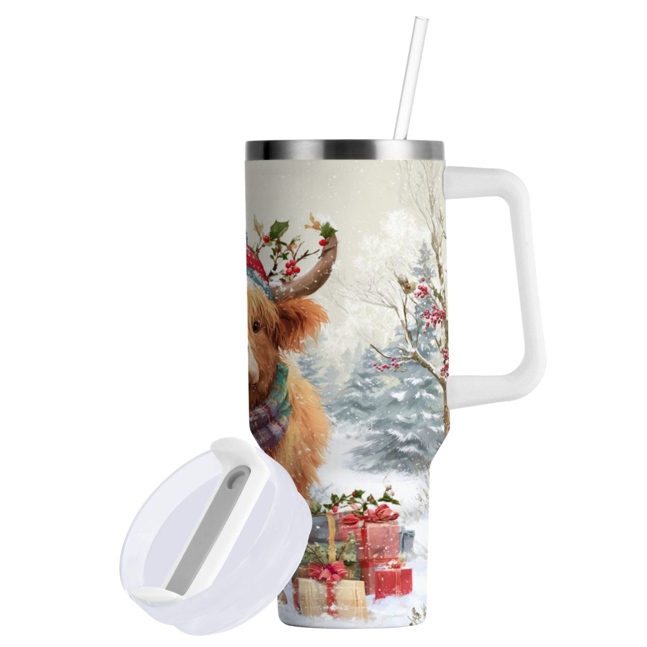 30 oz Insulated Stainless Steel Tumbler Double Wall Stainless Steel Tumbler with 2-Way Drinking Cow Wearing Christmas Hat M681C