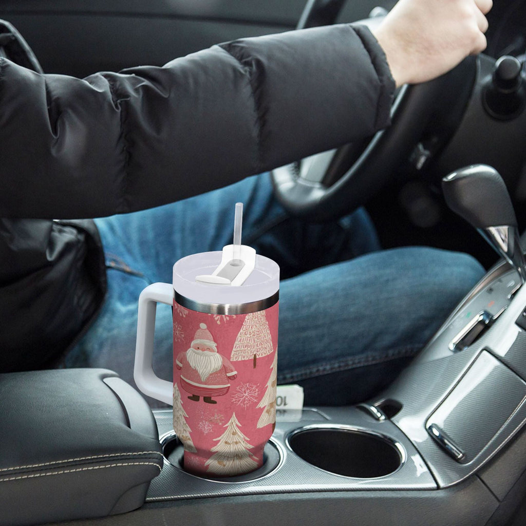 40 oz Insulated Stainless Steel Tumbler Double Wall Stainless Steel Tumbler with 2-Way Drinking Pink Santa Claus Pattern M527S