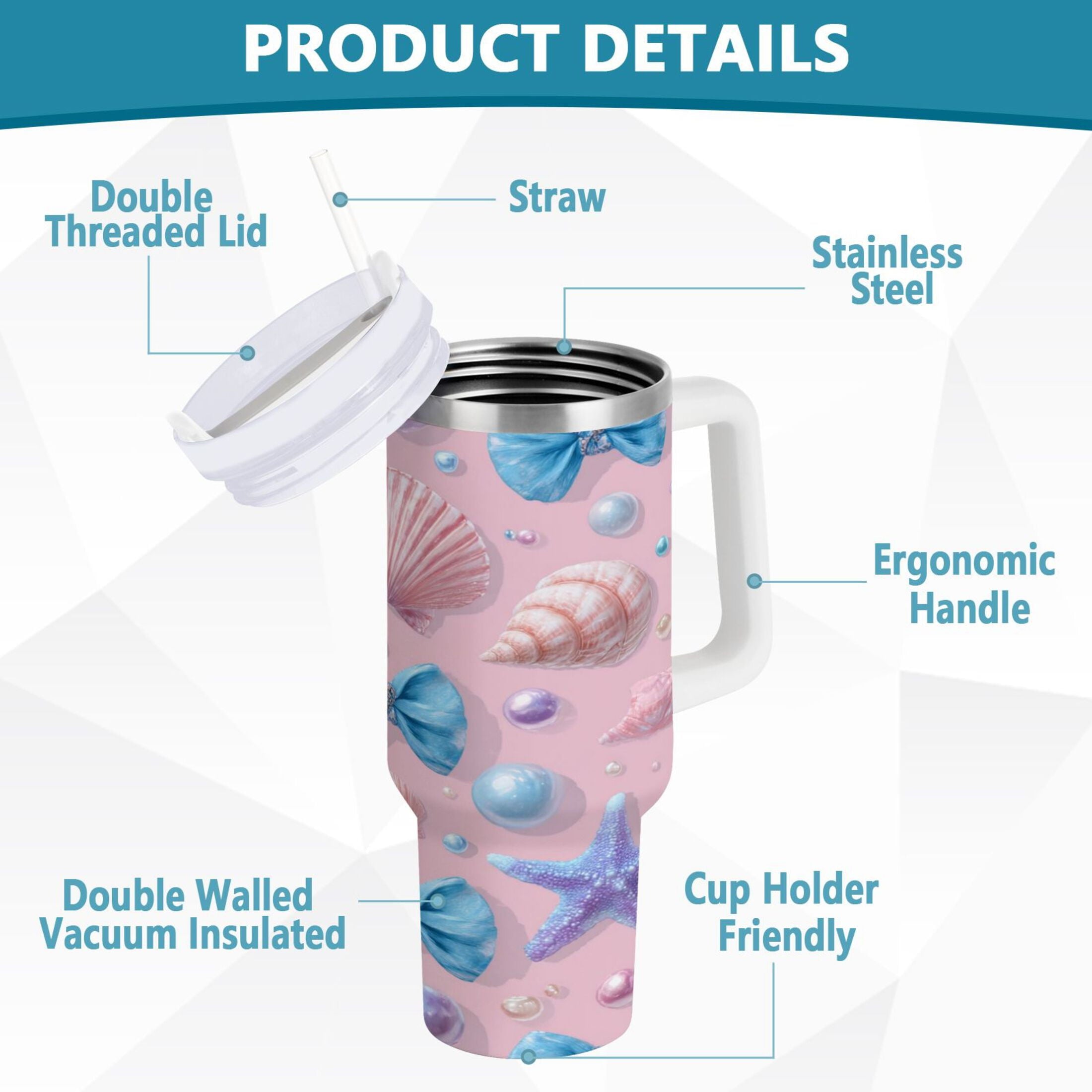 30 oz Insulated Stainless Steel Tumbler Double Wall Stainless Steel Tumbler with 2-Way Drinking Seashells and Bows M519K