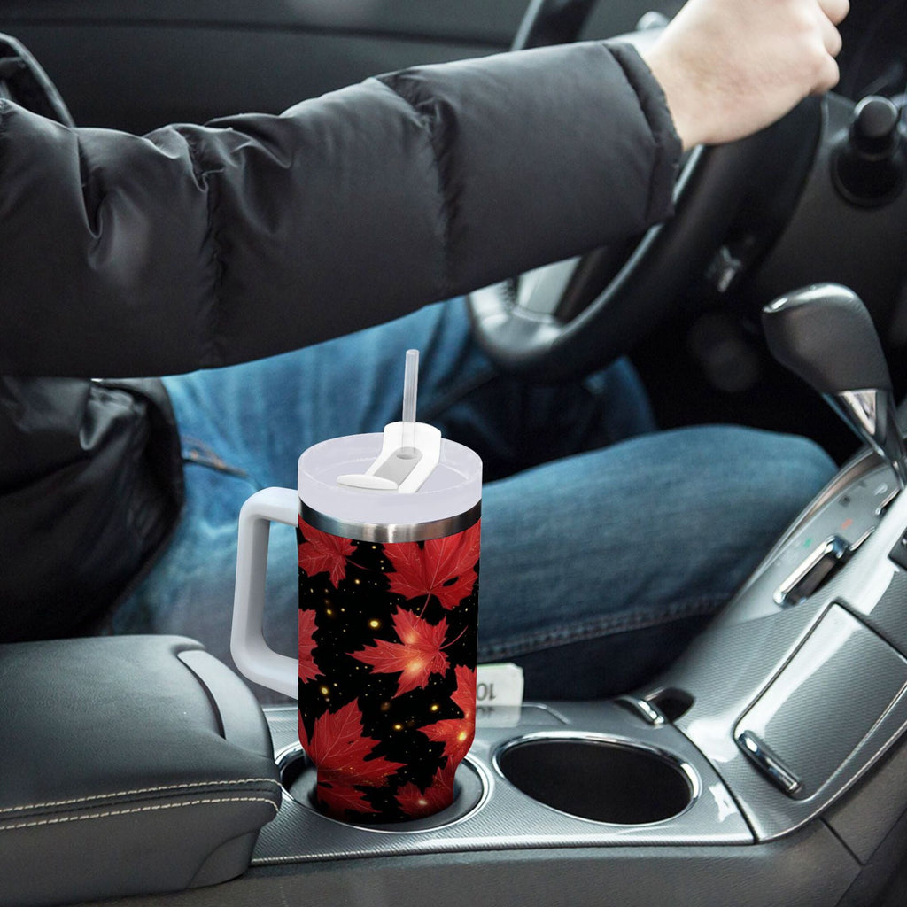 40 oz Insulated Stainless Steel Tumbler Double Wall Stainless Steel Tumbler with 2-Way Drinking Maple Leaves and Fireflies M516E