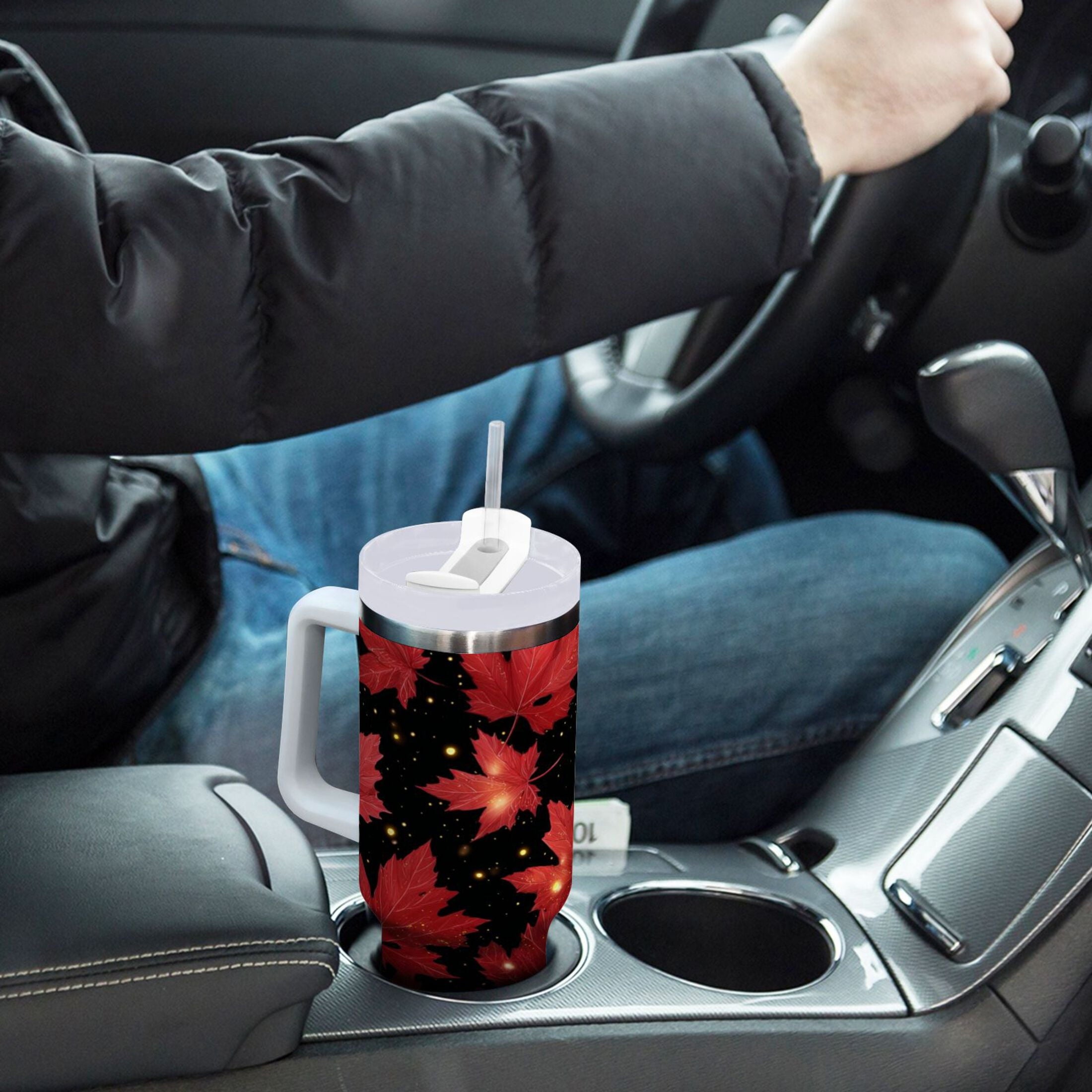 40 oz Insulated Stainless Steel Tumbler Double Wall Stainless Steel Tumbler with 2-Way Drinking Maple Leaves and Fireflies M516E