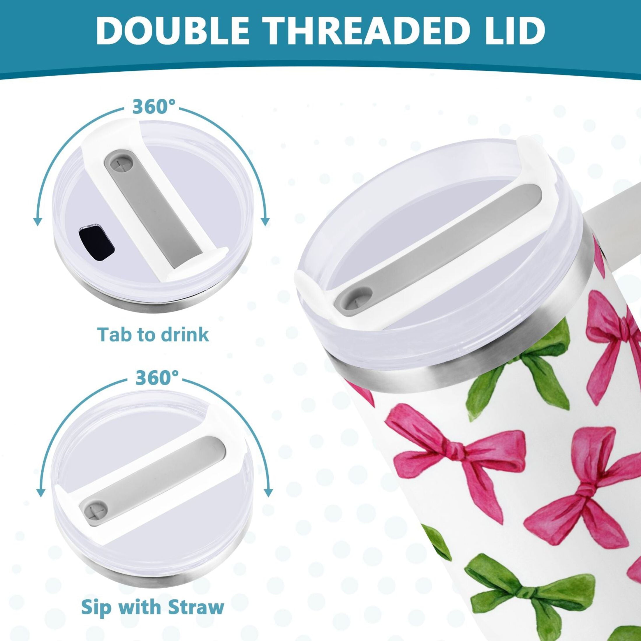 30 oz Insulated Stainless Steel Tumbler Double Wall Stainless Steel Tumbler with 2-Way Drinking Pink Bows and Green Ribbons M649C