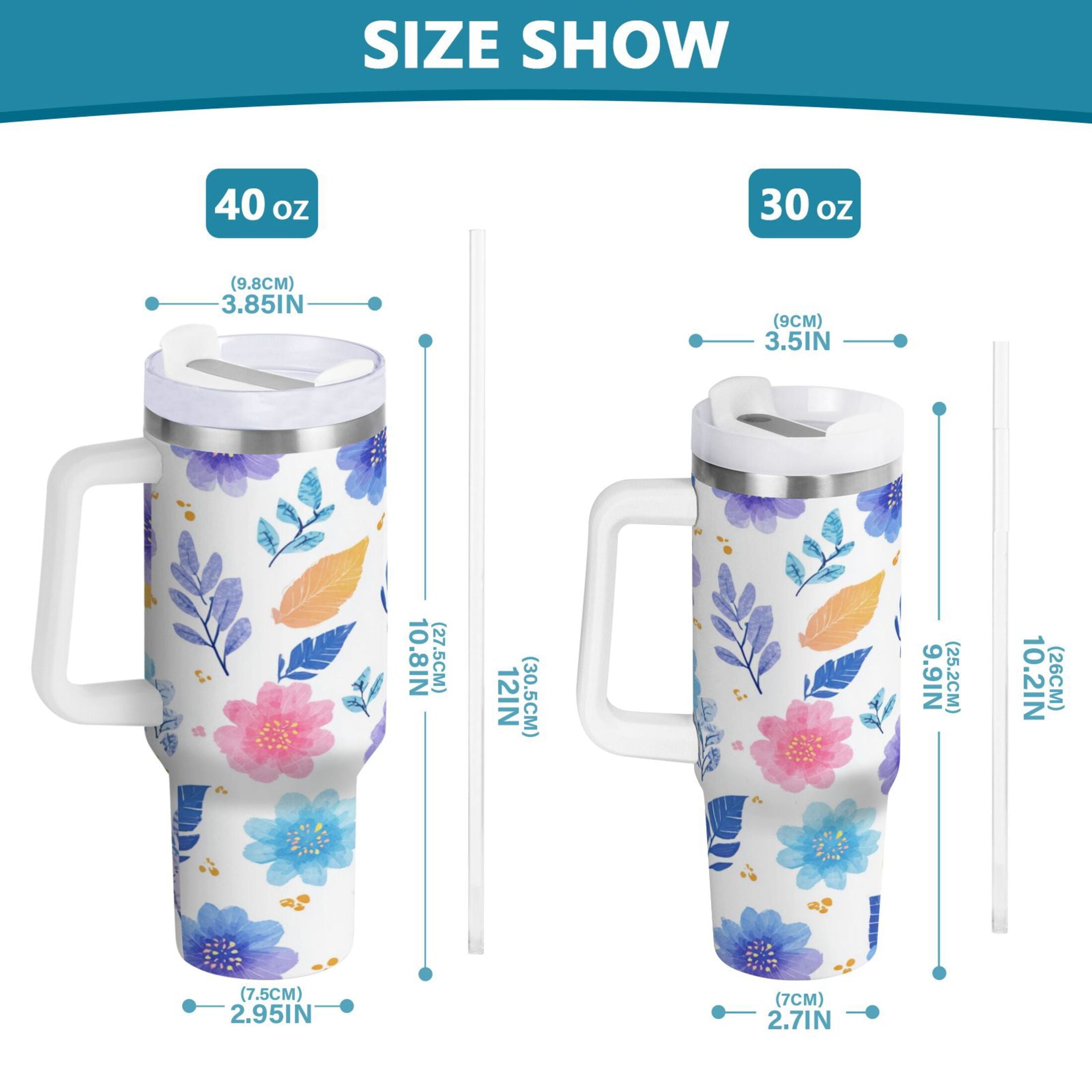 30 oz Insulated Stainless Steel Tumbler Double Wall Stainless Steel Tumbler with 2-Way Drinking Blue and Purple Flowers M522K