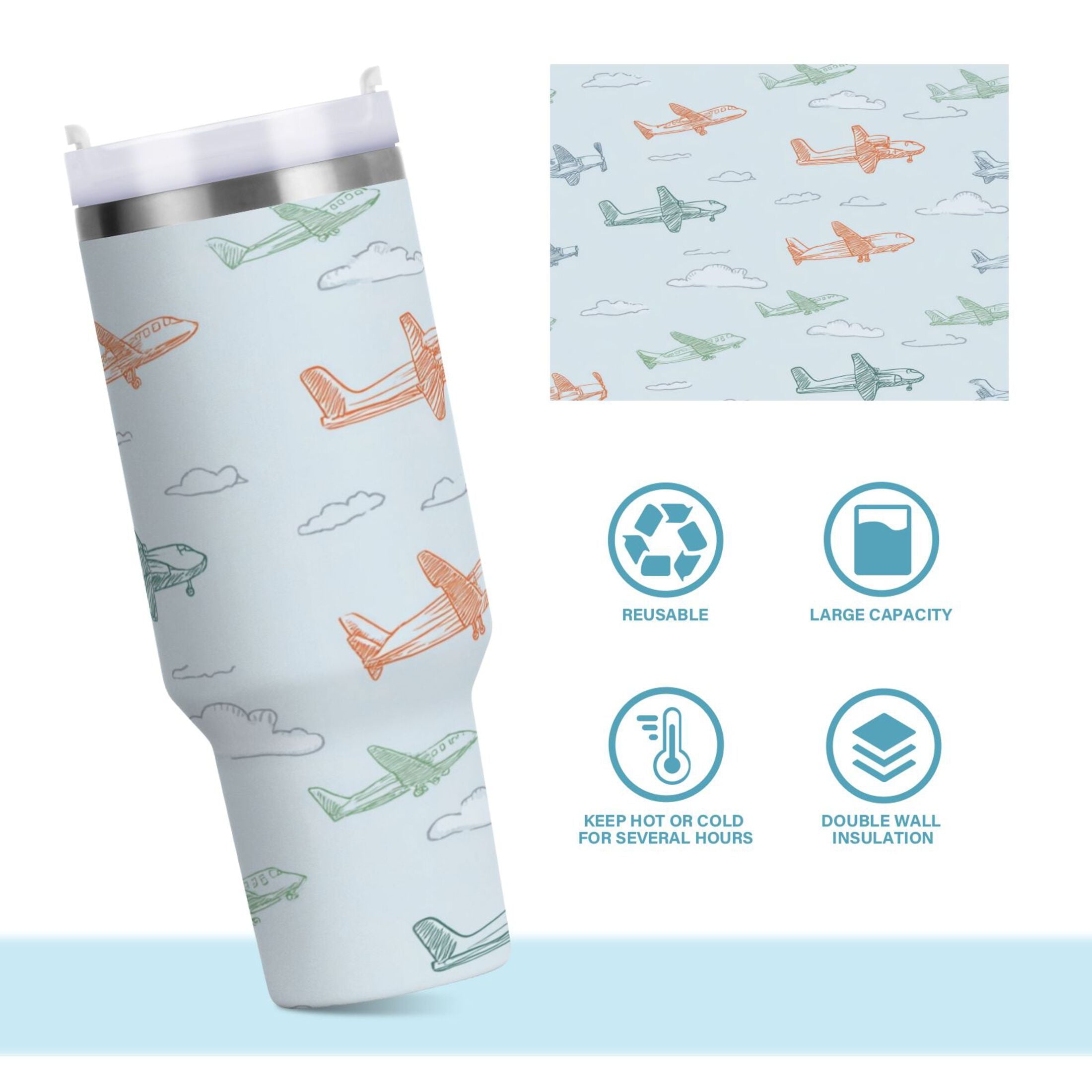 30 oz Insulated Stainless Steel Tumbler Double Wall Stainless Steel Tumbler with 2-Way Drinking Pastel Doodle Airplanes M593S
