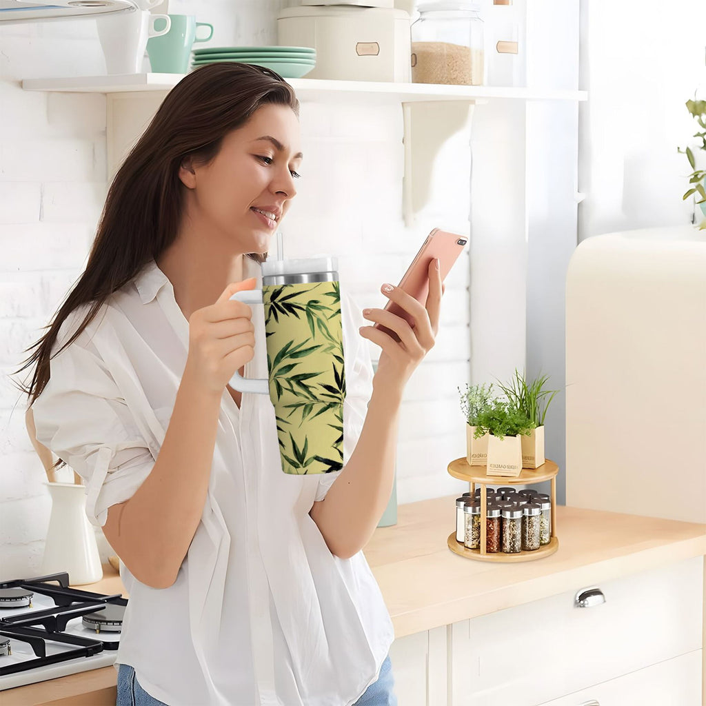 30 oz Insulated Stainless Steel Tumbler Double Wall Stainless Steel Tumbler with 2-Way Drinking Bamboo and Green Leaves M633V