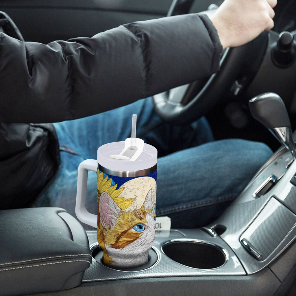 40 oz Insulated Stainless Steel Tumbler Double Wall Stainless Steel Tumbler with 2-Way Drinking Cat Lies in The Sunflowers M651S