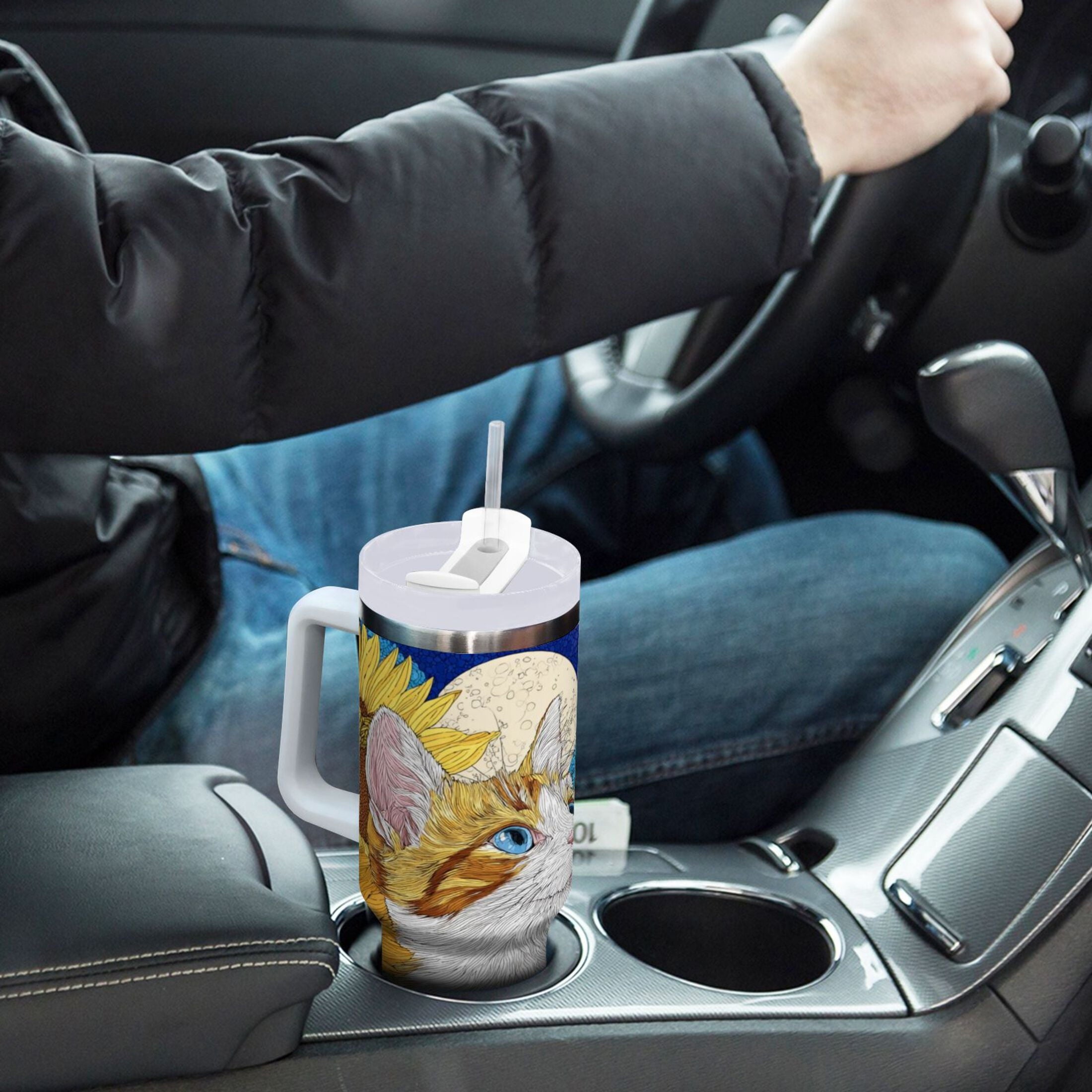 40 oz Insulated Stainless Steel Tumbler Double Wall Stainless Steel Tumbler with 2-Way Drinking Cat Lies in The Sunflowers M651S