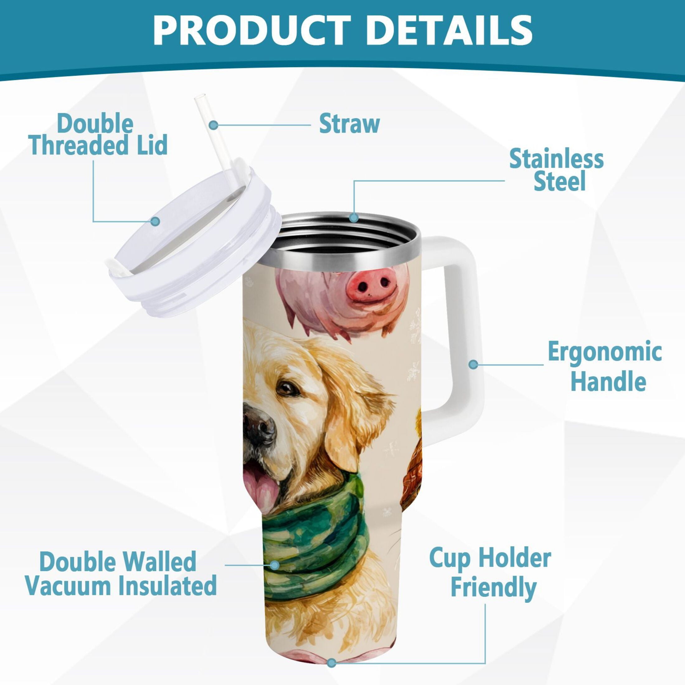 30 oz Insulated Stainless Steel Tumbler Double Wall Stainless Steel Tumbler with 2-Way Drinking Watercolor Animals Pattern M618F