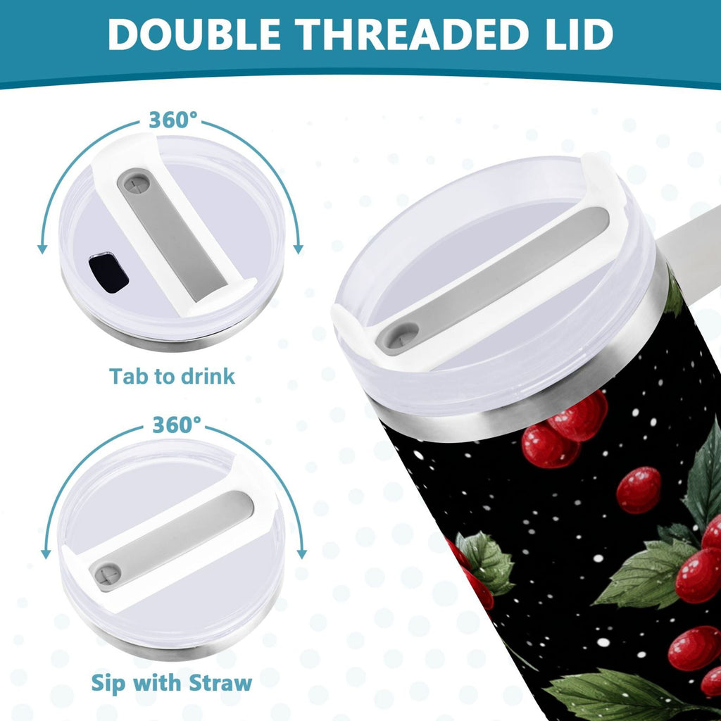 40 oz Insulated Stainless Steel Tumbler Double Wall Stainless Steel Tumbler with 2-Way Drinking Red Holly Berries Pattern M652M