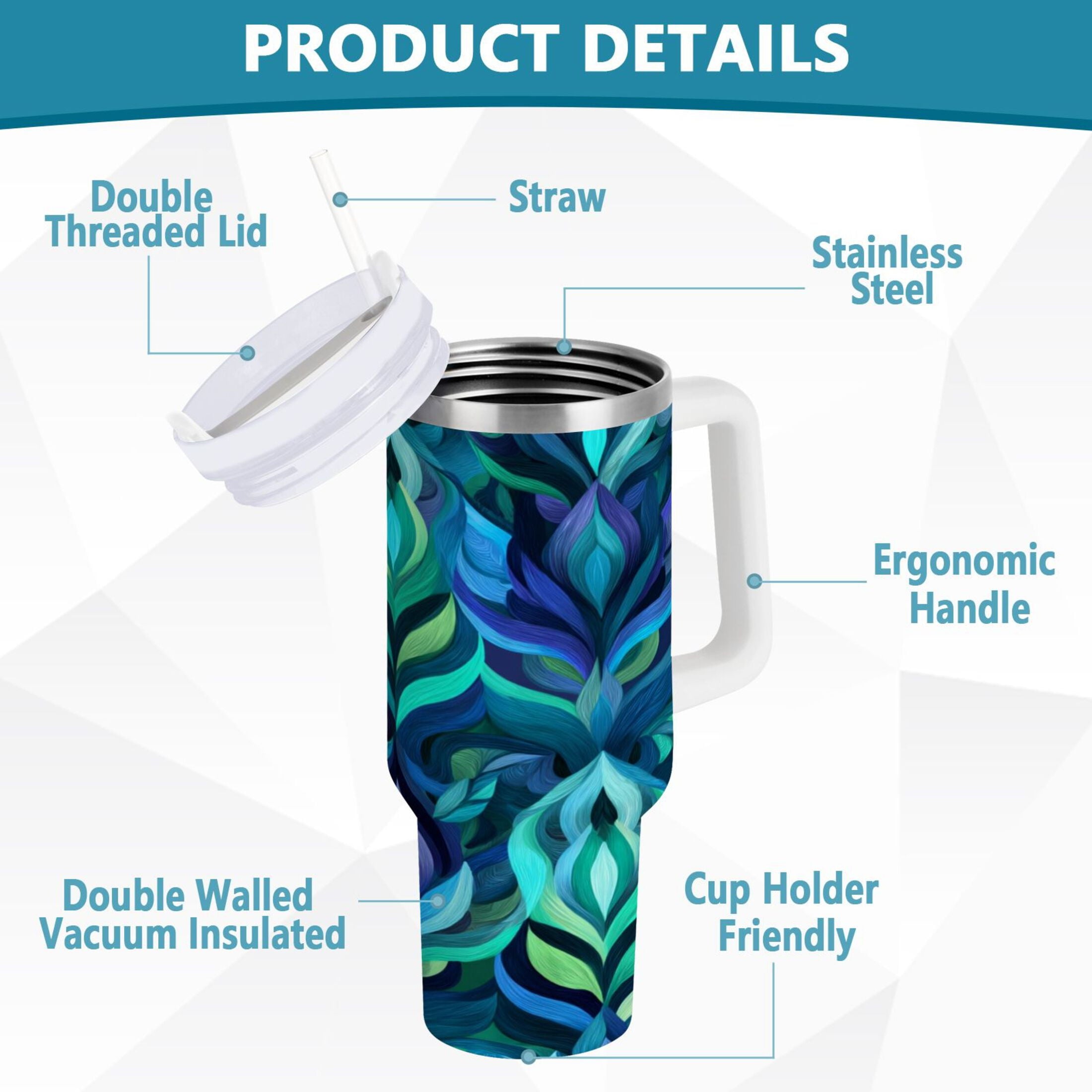 40 oz Insulated Stainless Steel Tumbler Double Wall Stainless Steel Tumbler with 2-Way Drinking Elegant Blue Abstract Shapes M609Q