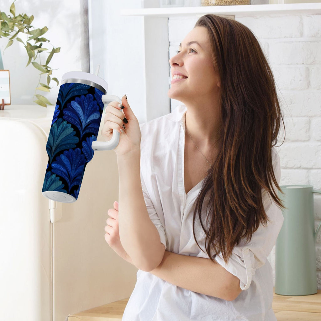 30 oz Insulated Stainless Steel Tumbler Double Wall Stainless Steel Tumbler with 2-Way Drinking Blue Batik Leaves Pattern M525M