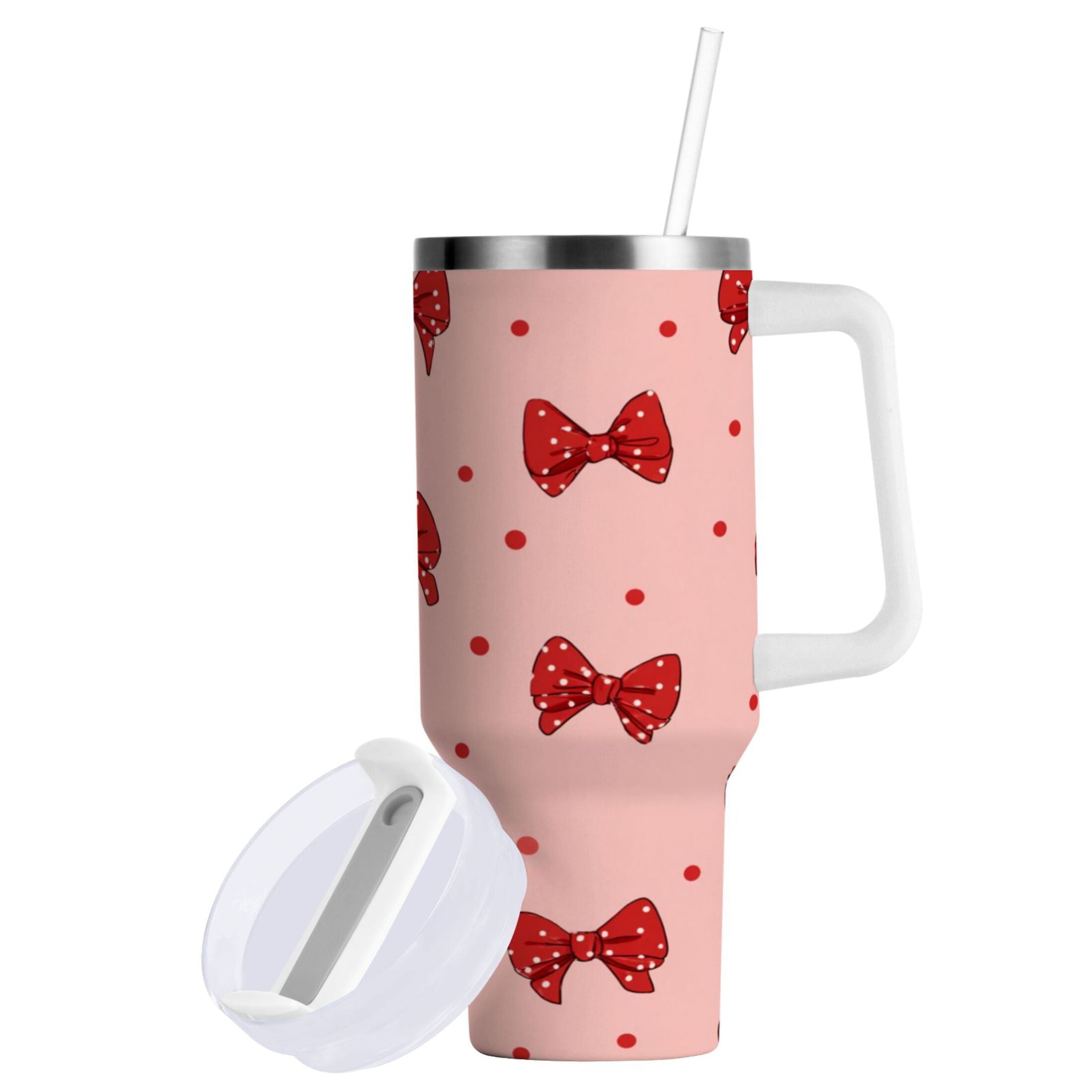 40 oz Insulated Stainless Steel Tumbler Double Wall Stainless Steel Tumbler with 2-Way Drinking Red Bows and Polka Dots M531A