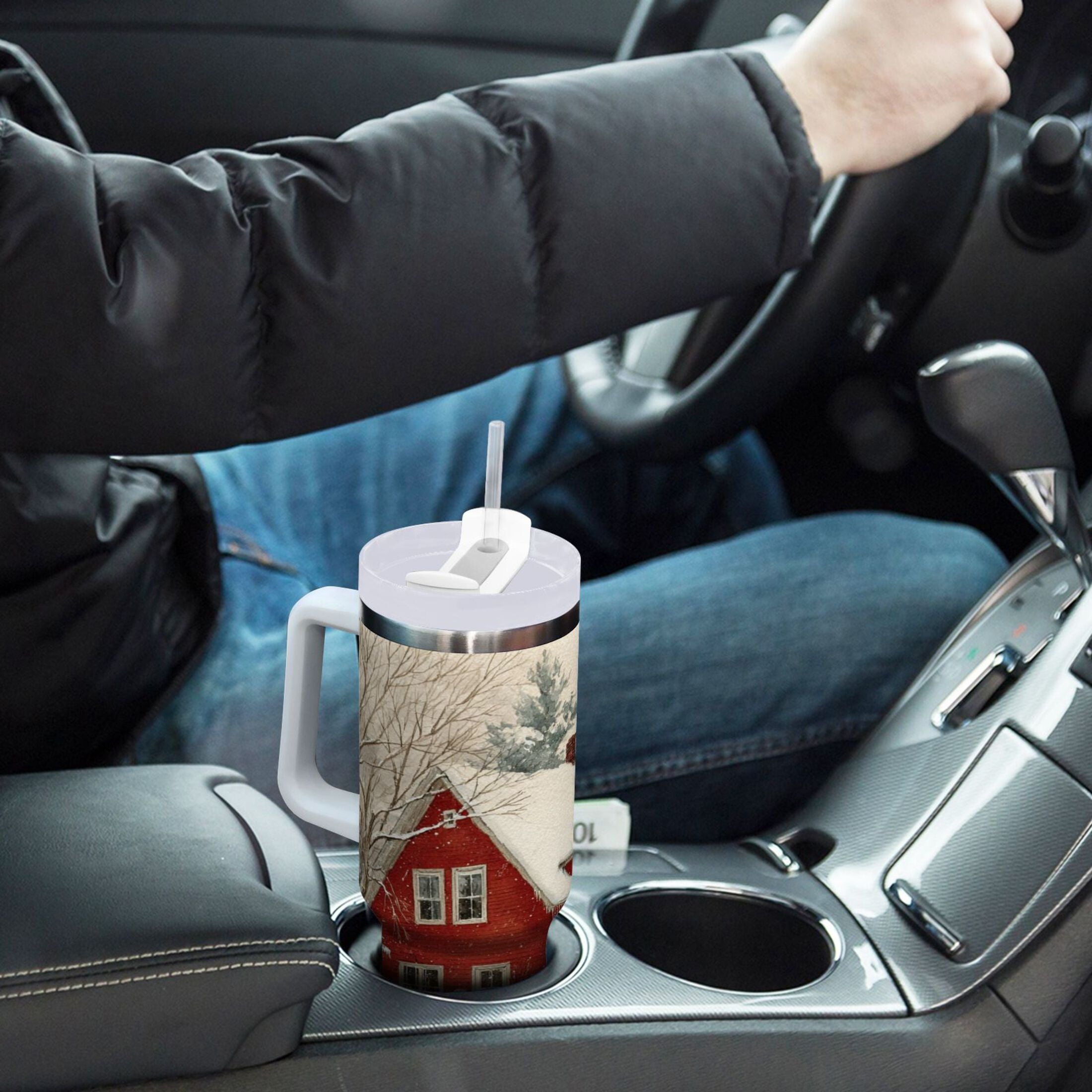 40 oz Insulated Stainless Steel Tumbler Double Wall Stainless Steel Tumbler with 2-Way Drinking House with Snow-covered Roof M674V