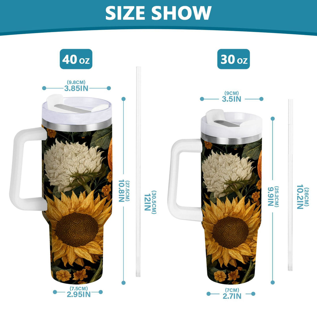 40 oz Insulated Stainless Steel Tumbler Double Wall Stainless Steel Tumbler with 2-Way Drinking Pumpkins and Sunflowers Pattern M560Y