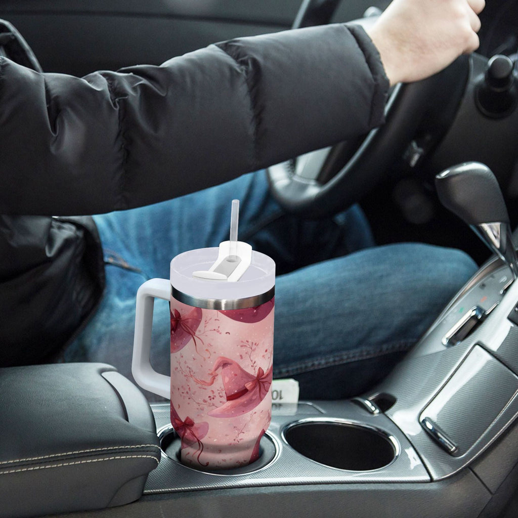 30 oz Insulated Stainless Steel Tumbler Double Wall Stainless Steel Tumbler with 2-Way Drinking Hats with Delicate Bows M679A