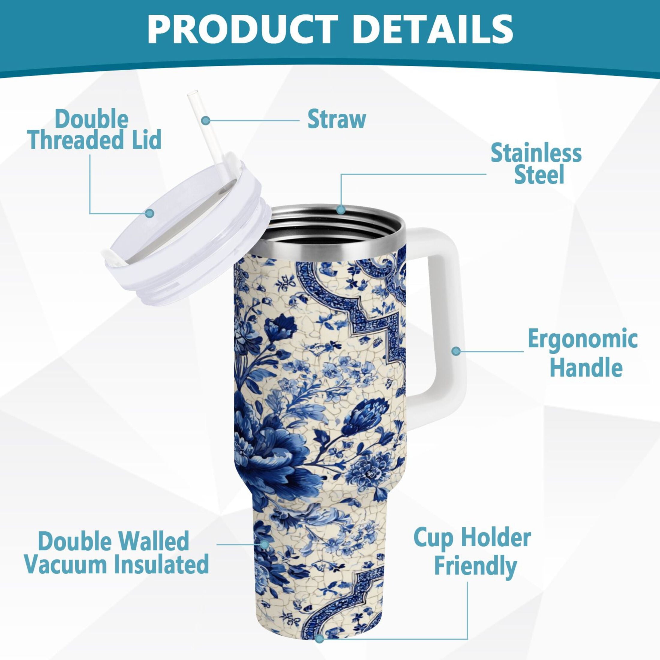30 oz Insulated Stainless Steel Tumbler Double Wall Stainless Steel Tumbler with 2-Way Drinking Blue and White Porcelain-style M576W