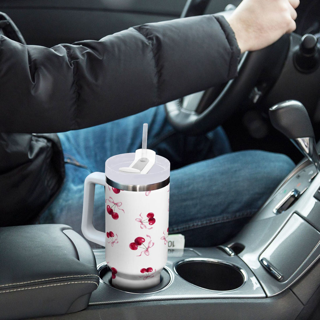30 oz Insulated Stainless Steel Tumbler Double Wall Stainless Steel Tumbler with 2-Way Drinking Watercolor Cherries Pattern M604Z