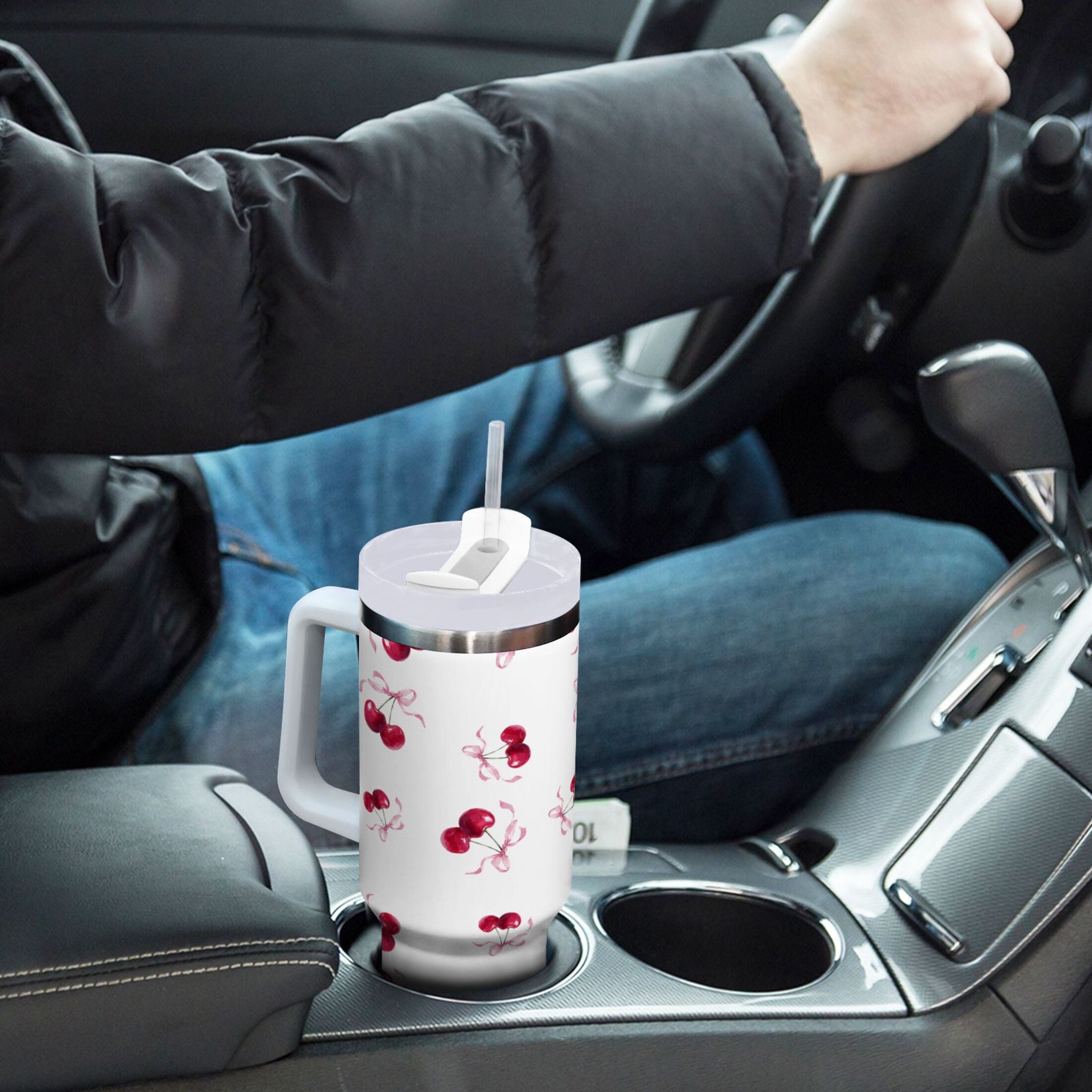 30 oz Insulated Stainless Steel Tumbler Double Wall Stainless Steel Tumbler with 2-Way Drinking Watercolor Cherries Pattern M604Z
