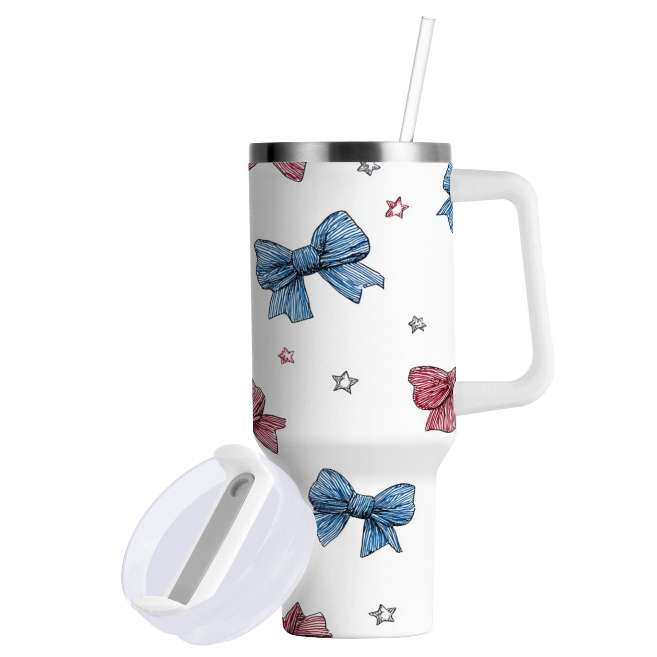 40 oz Insulated Stainless Steel Tumbler Double Wall Stainless Steel Tumbler with 2-Way Drinking Red and Blue Stripes Bows M510M
