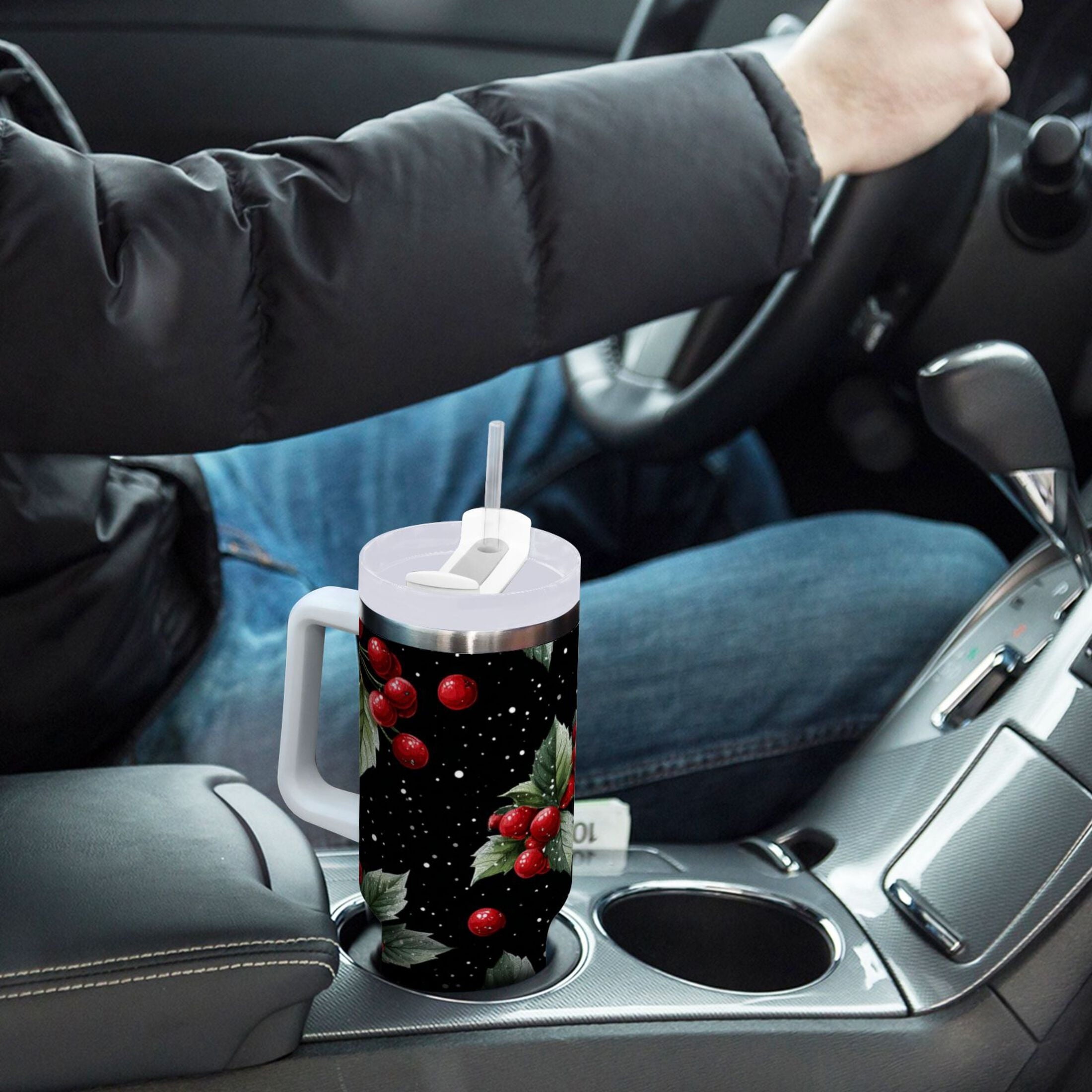 40 oz Insulated Stainless Steel Tumbler Double Wall Stainless Steel Tumbler with 2-Way Drinking Red Holly Berries Pattern M652M