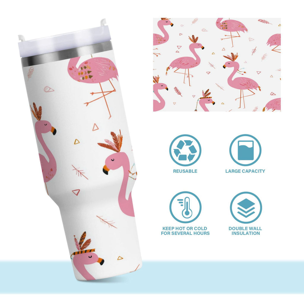 40 oz Insulated Stainless Steel Tumbler Double Wall Stainless Steel Tumbler with 2-Way Drinking Cute Pink Flamingo Pattern M515P