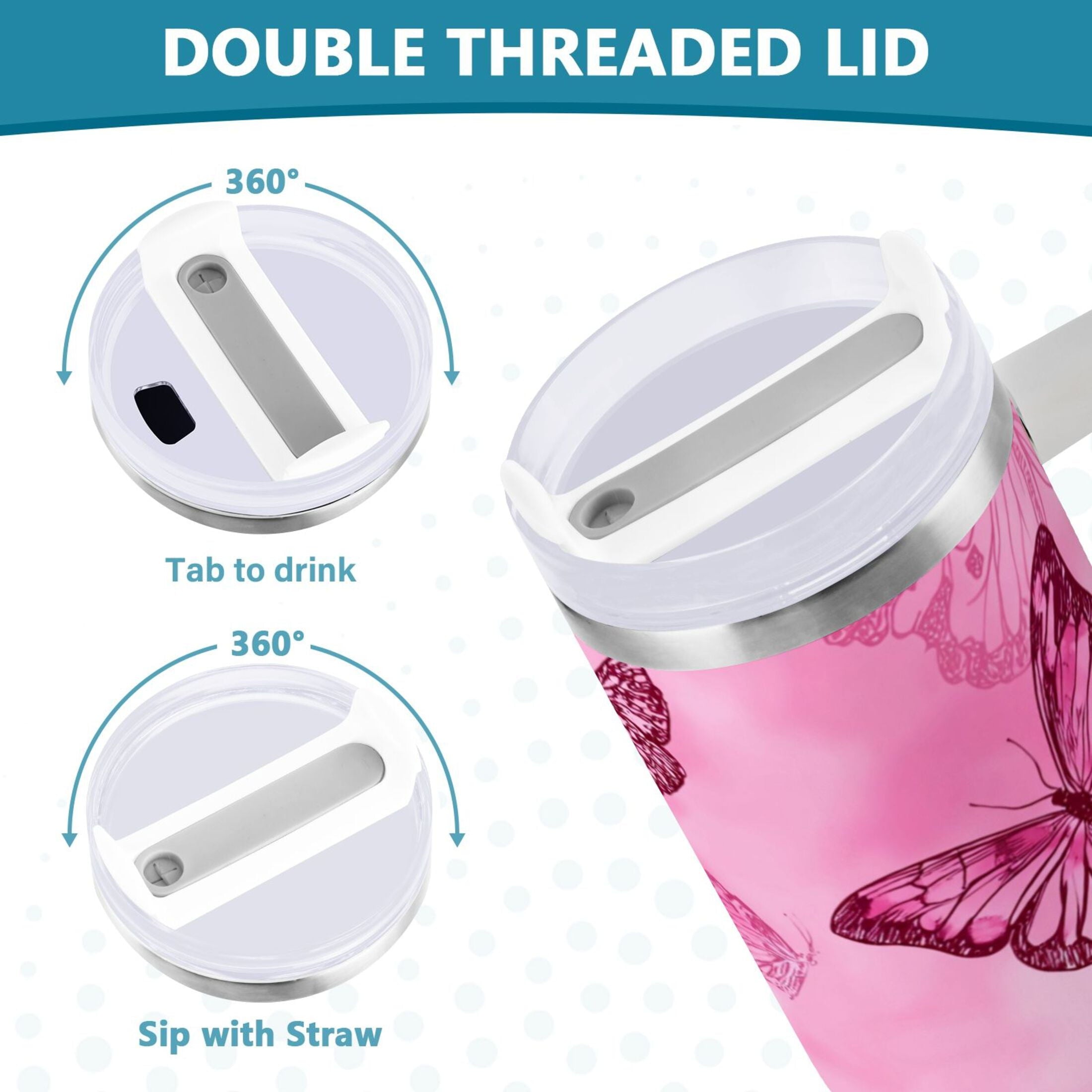 40 oz Insulated Stainless Steel Tumbler Double Wall Stainless Steel Tumbler with 2-Way Drinking Pink Butterfly Pattern M629F