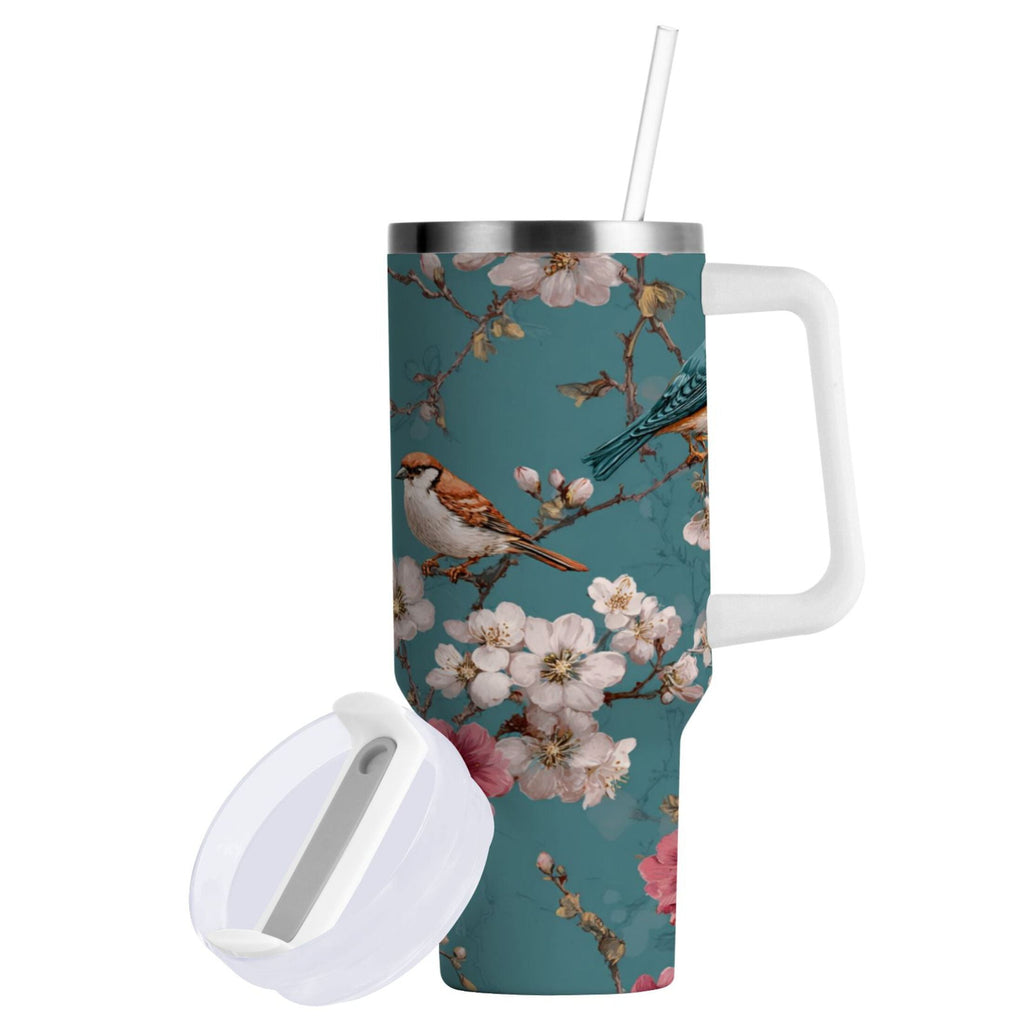 30 oz Insulated Stainless Steel Tumbler Double Wall Stainless Steel Tumbler with 2-Way Drinking Birds and Cherry Pattern M537X