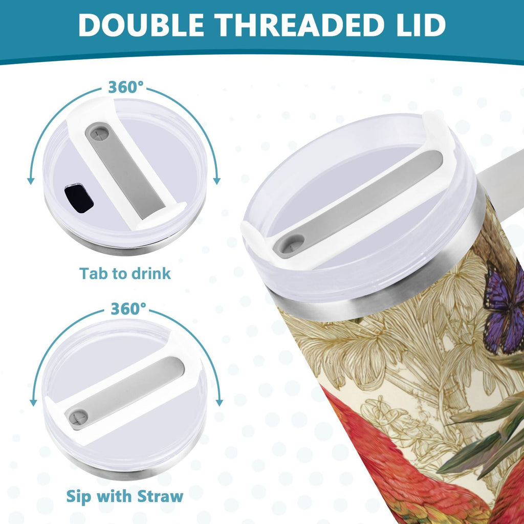 30 oz Insulated Stainless Steel Tumbler Double Wall Stainless Steel Tumbler with 2-Way Drinking Colorful Beautiful Parrots M520C