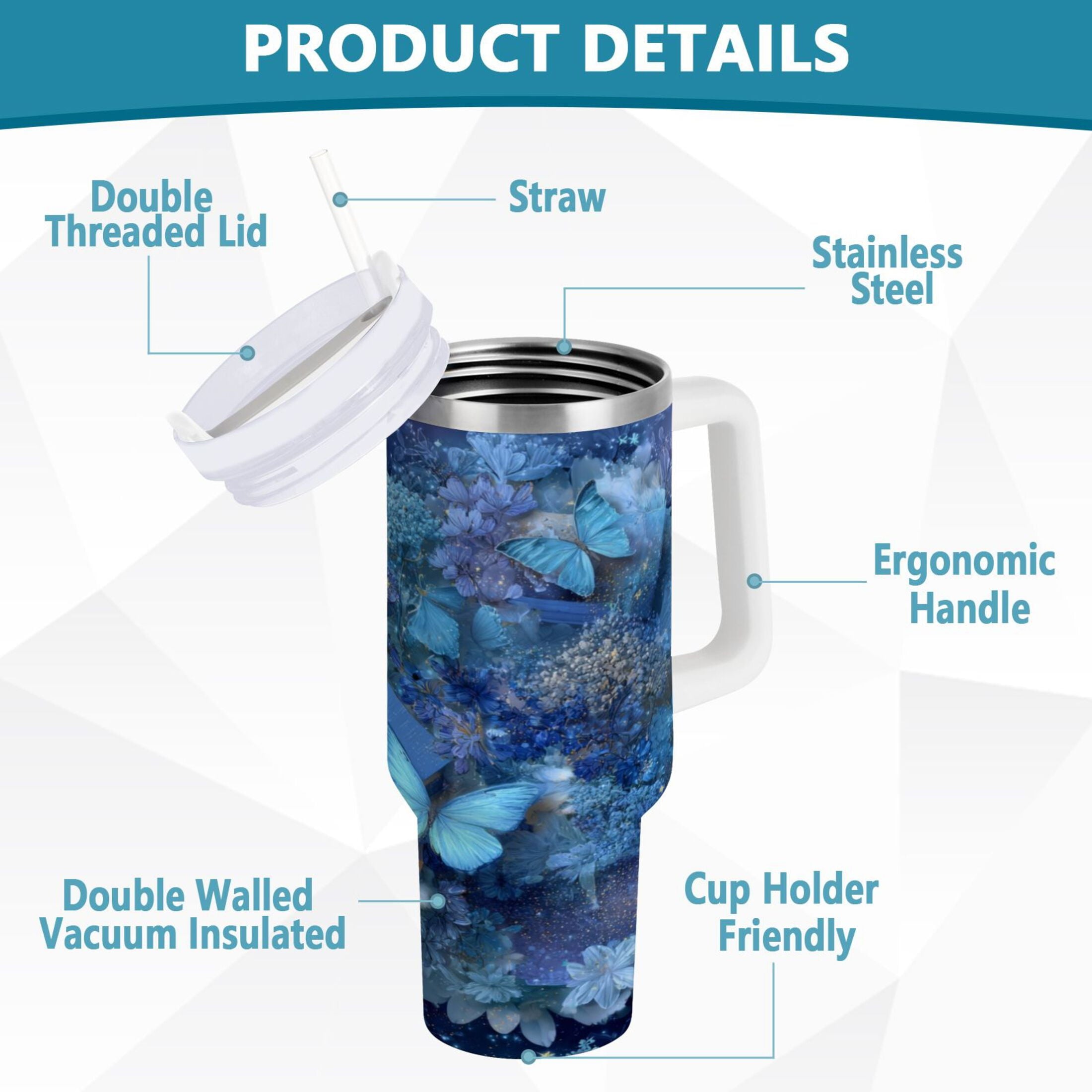 30 oz Insulated Stainless Steel Tumbler Double Wall Stainless Steel Tumbler with 2-Way Drinking Butterflies Books and Flowers M524V