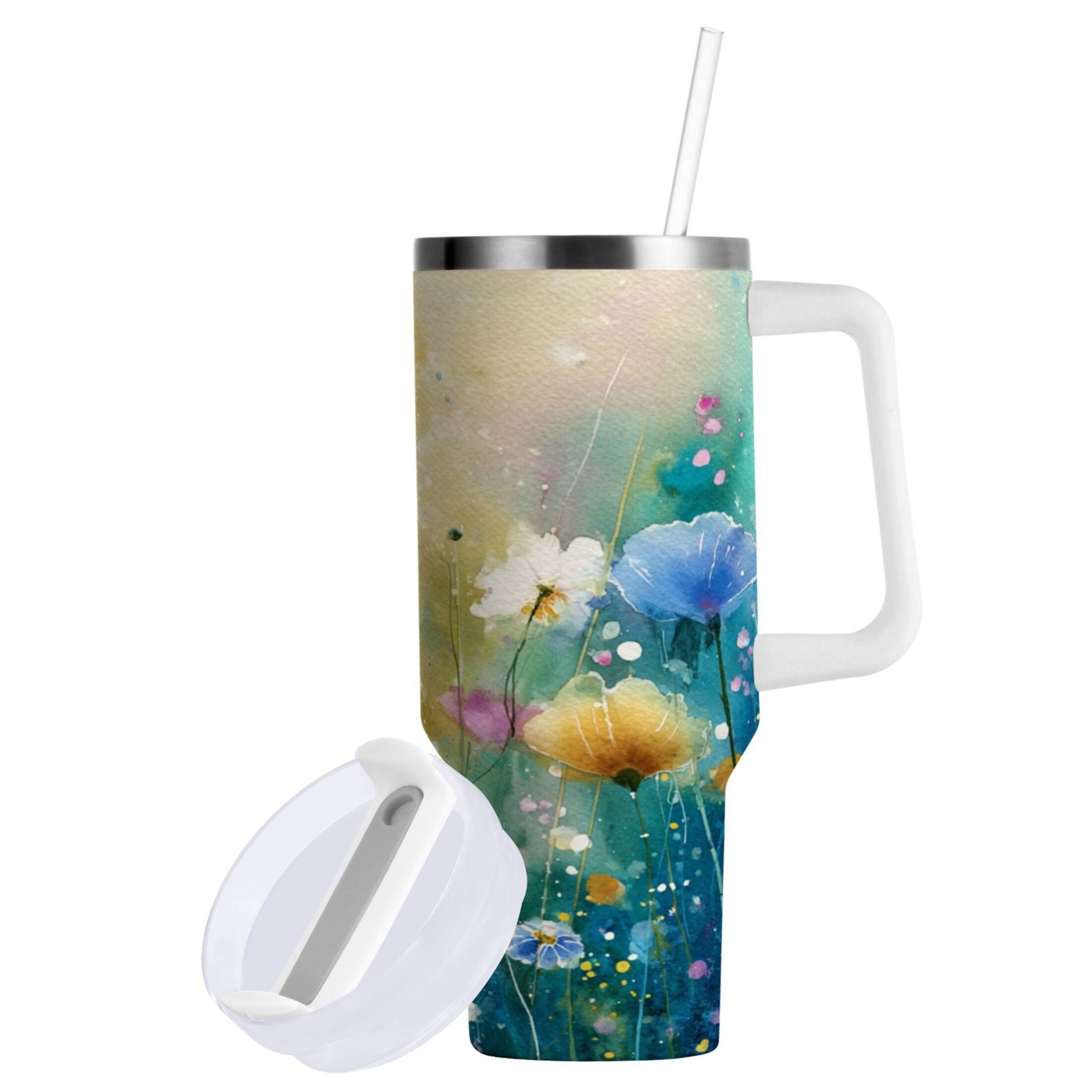 30 oz Insulated Stainless Steel Tumbler Double Wall Stainless Steel Tumbler with 2-Way Drinking Watercolor Wildflowers M563G
