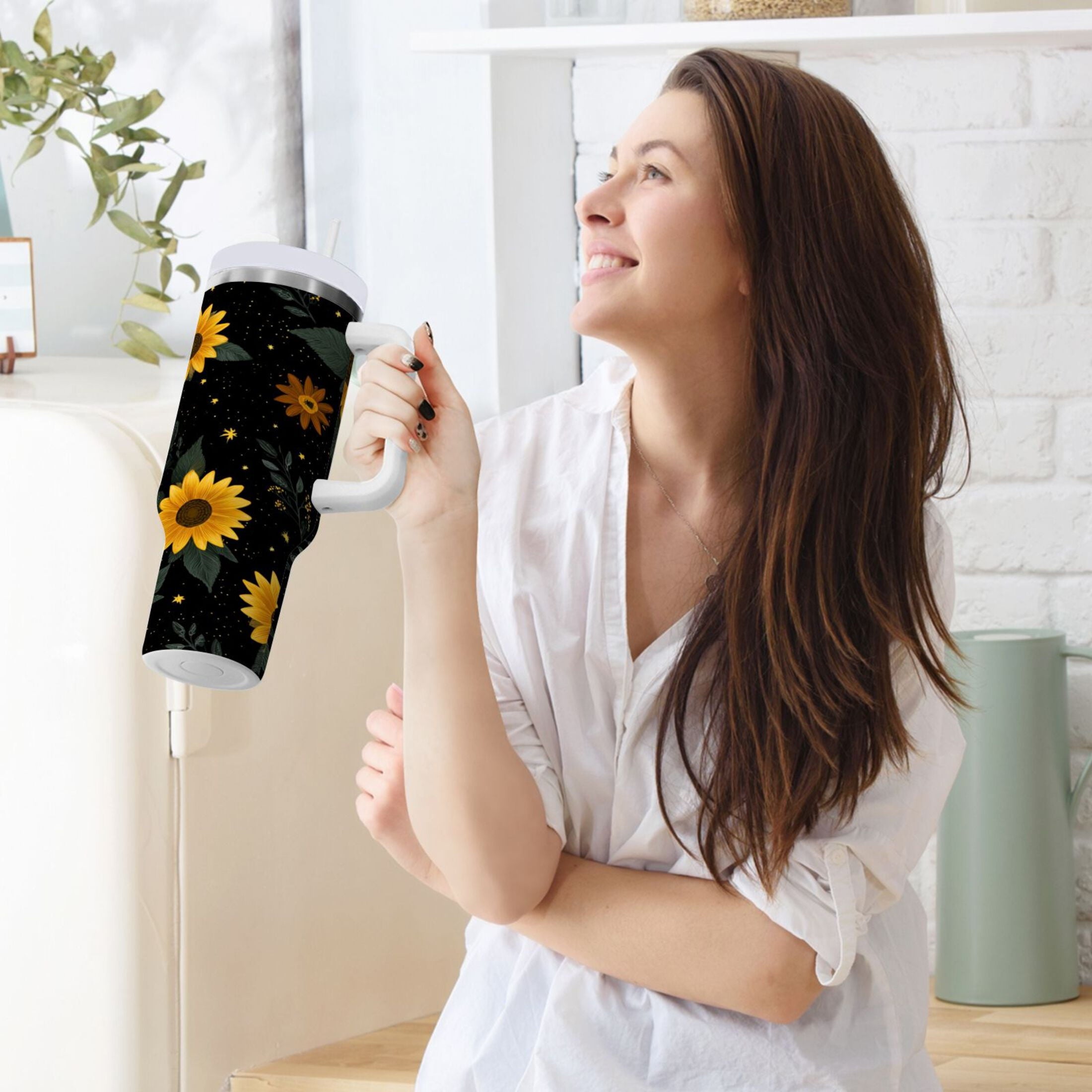 30 oz Insulated Stainless Steel Tumbler Double Wall Stainless Steel Tumbler with 2-Way Drinking Yellow Sunflower Pattern M532K