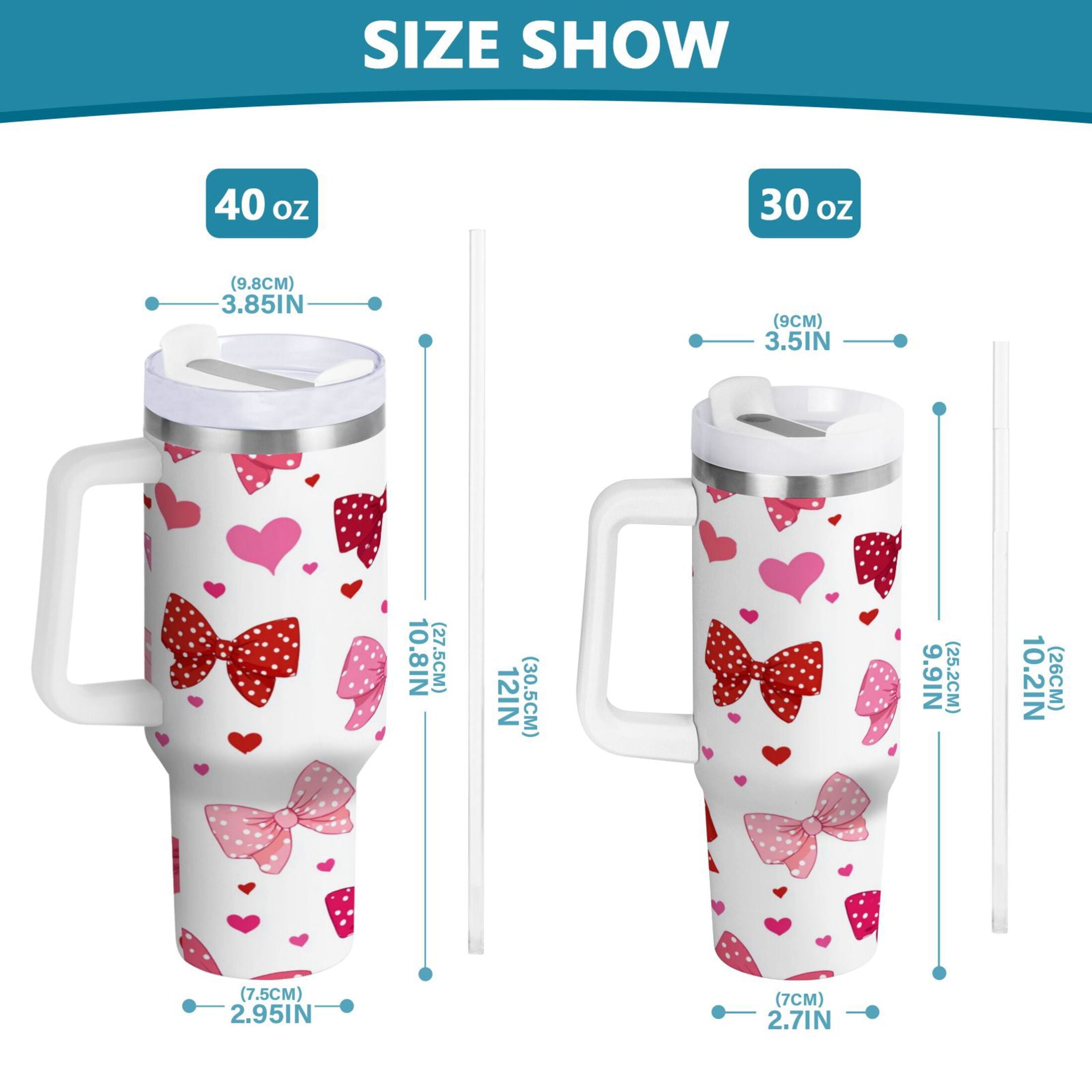 30 oz Insulated Stainless Steel Tumbler Double Wall Stainless Steel Tumbler with 2-Way Drinking Red and Pink Bows M595T