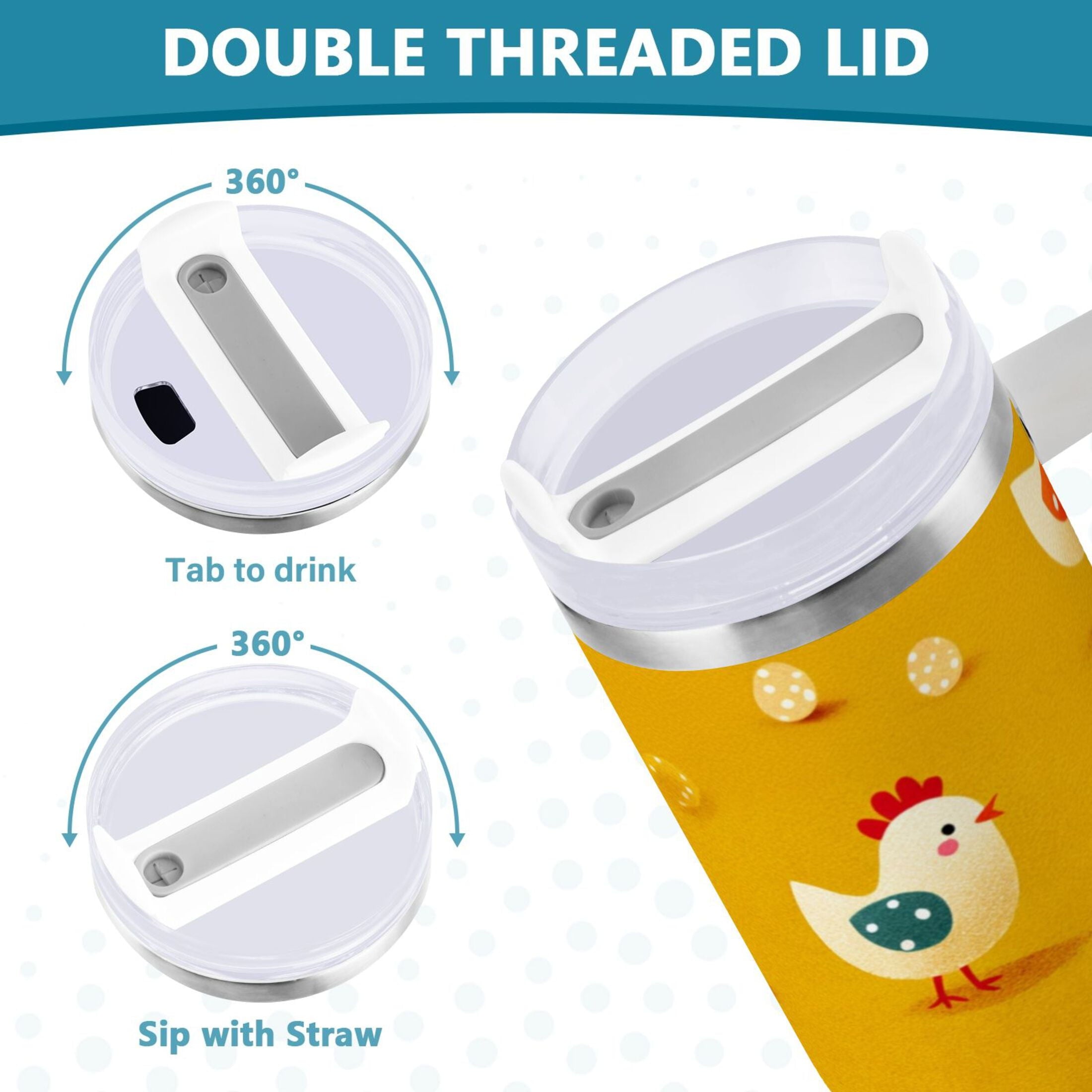 30 oz Insulated Stainless Steel Tumbler Double Wall Stainless Steel Tumbler with 2-Way Drinking Cartoon Chickens Pattern M551C