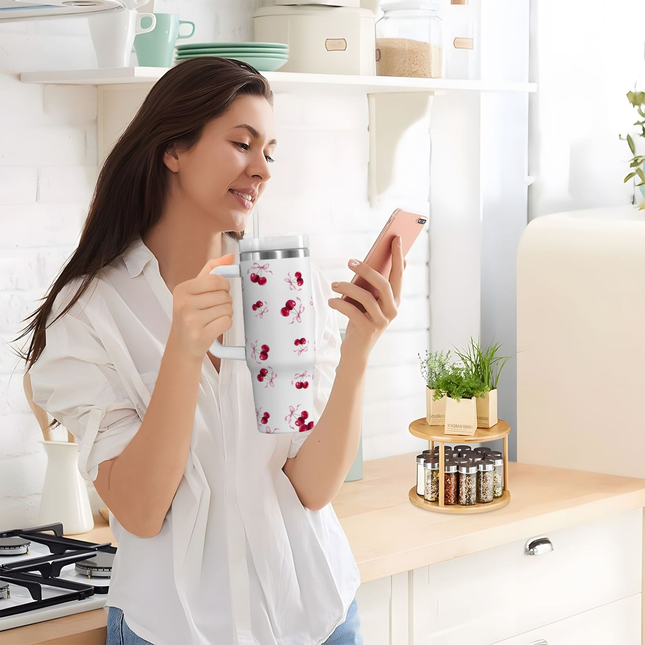 30 oz Insulated Stainless Steel Tumbler Double Wall Stainless Steel Tumbler with 2-Way Drinking Watercolor Cherries Pattern M604Z