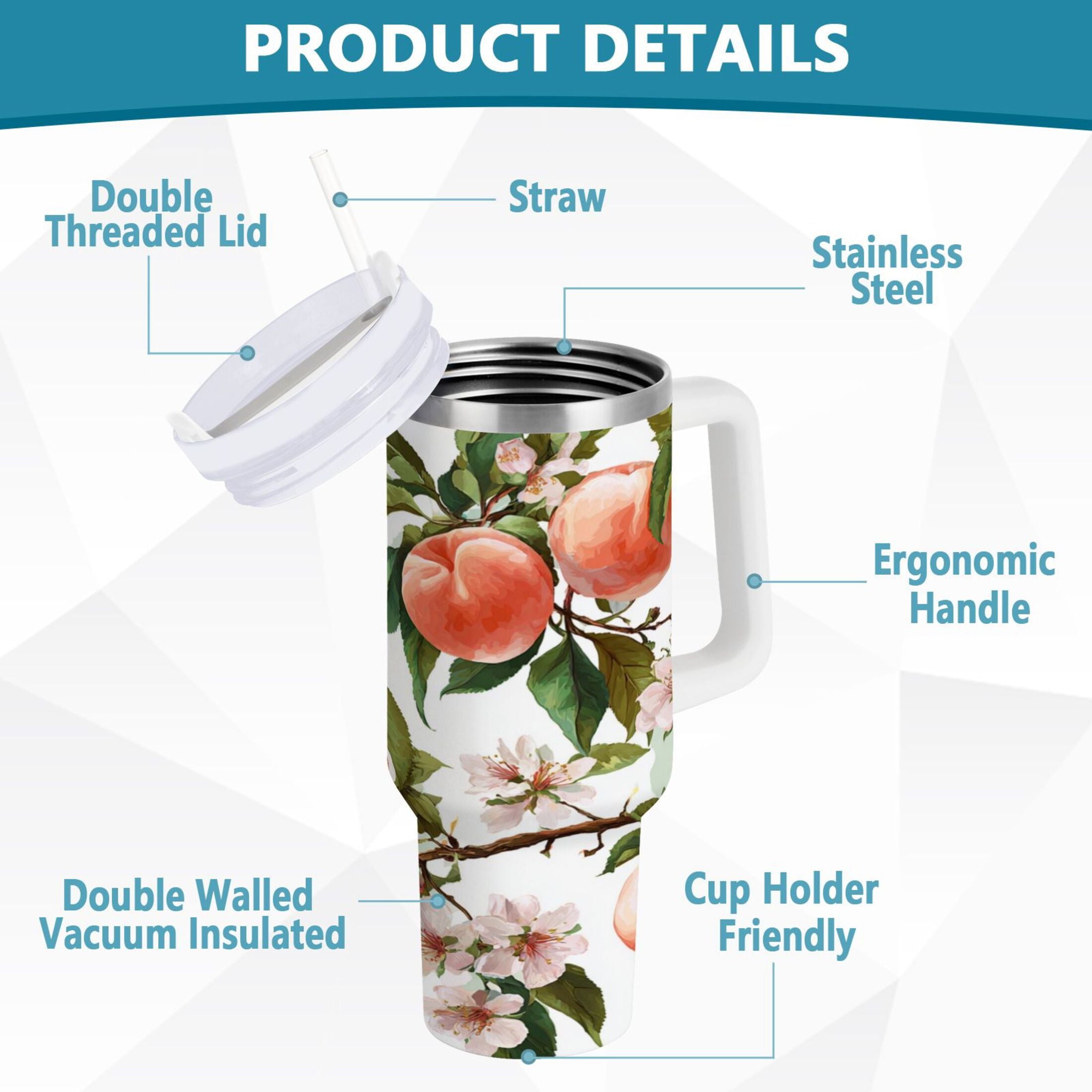 30 oz Insulated Stainless Steel Tumbler Double Wall Stainless Steel Tumbler with 2-Way Drinking Peach Fruit Pattern M503G