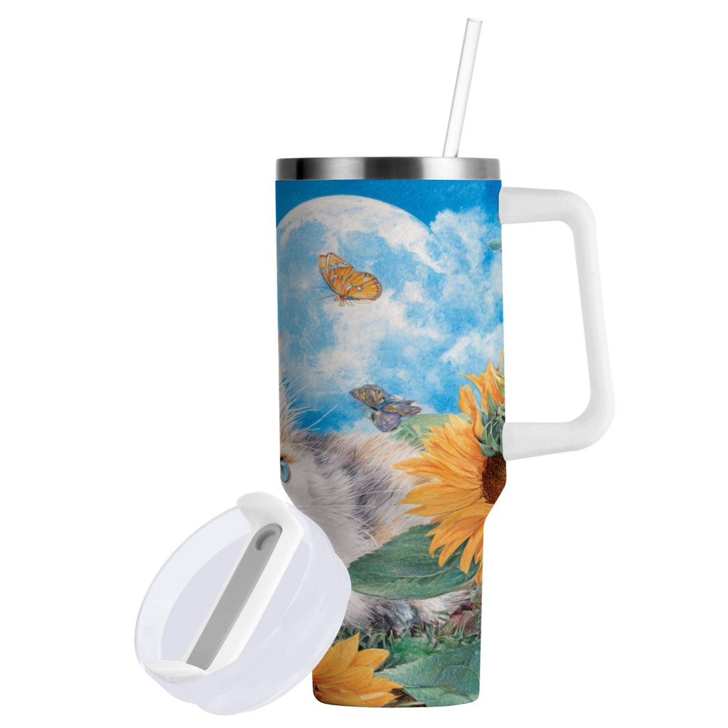 40 oz Insulated Stainless Steel Tumbler Double Wall Stainless Steel Tumbler with 2-Way Drinking Playful Cat Lying Sunflowers M549Y