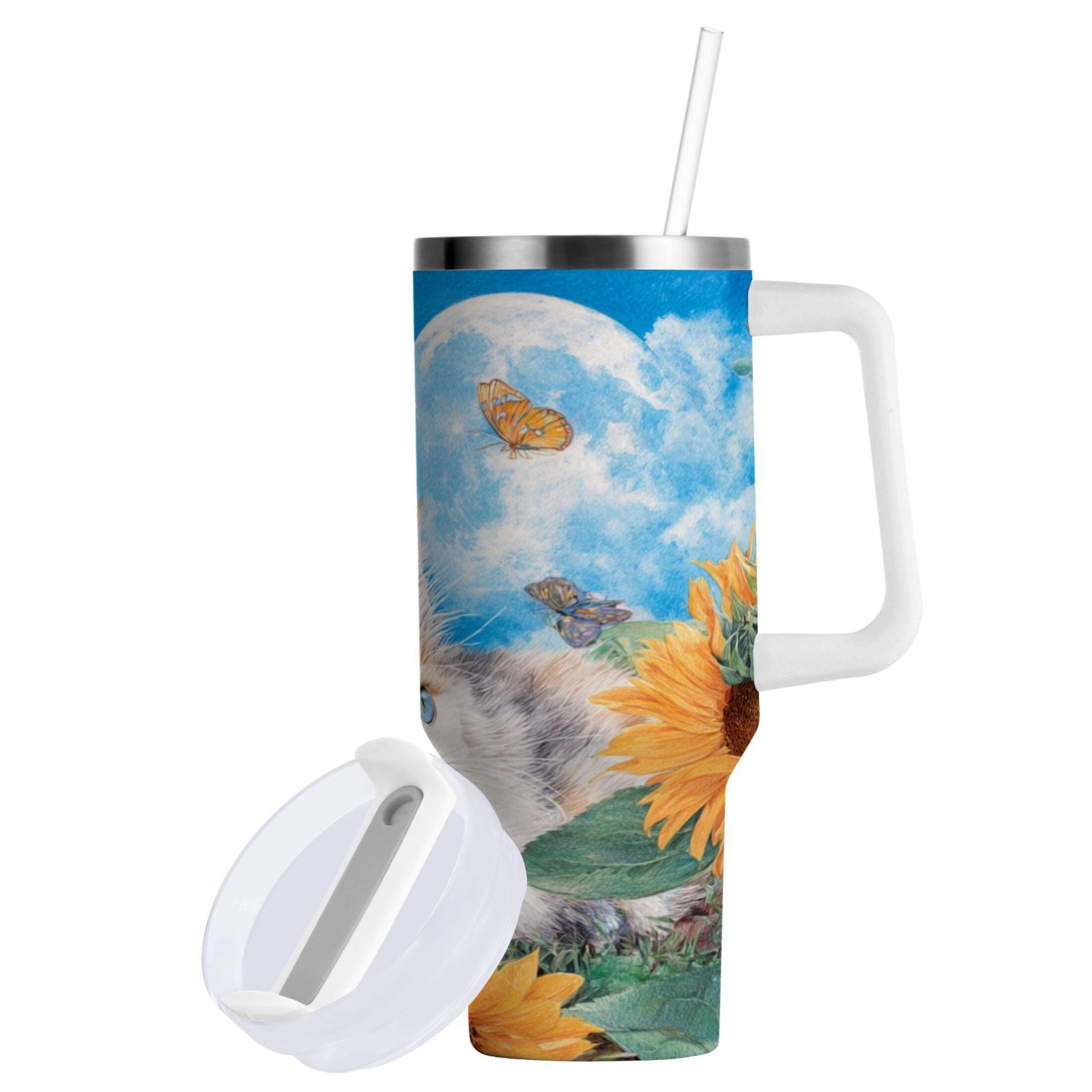 40 oz Insulated Stainless Steel Tumbler Double Wall Stainless Steel Tumbler with 2-Way Drinking Playful Cat Lying Sunflowers M549Y
