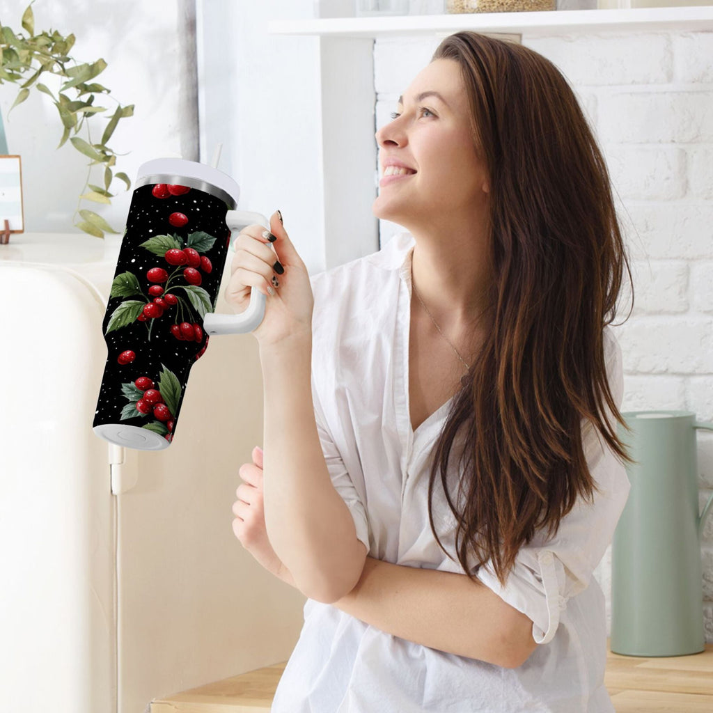 40 oz Insulated Stainless Steel Tumbler Double Wall Stainless Steel Tumbler with 2-Way Drinking Red Holly Berries Pattern M652M