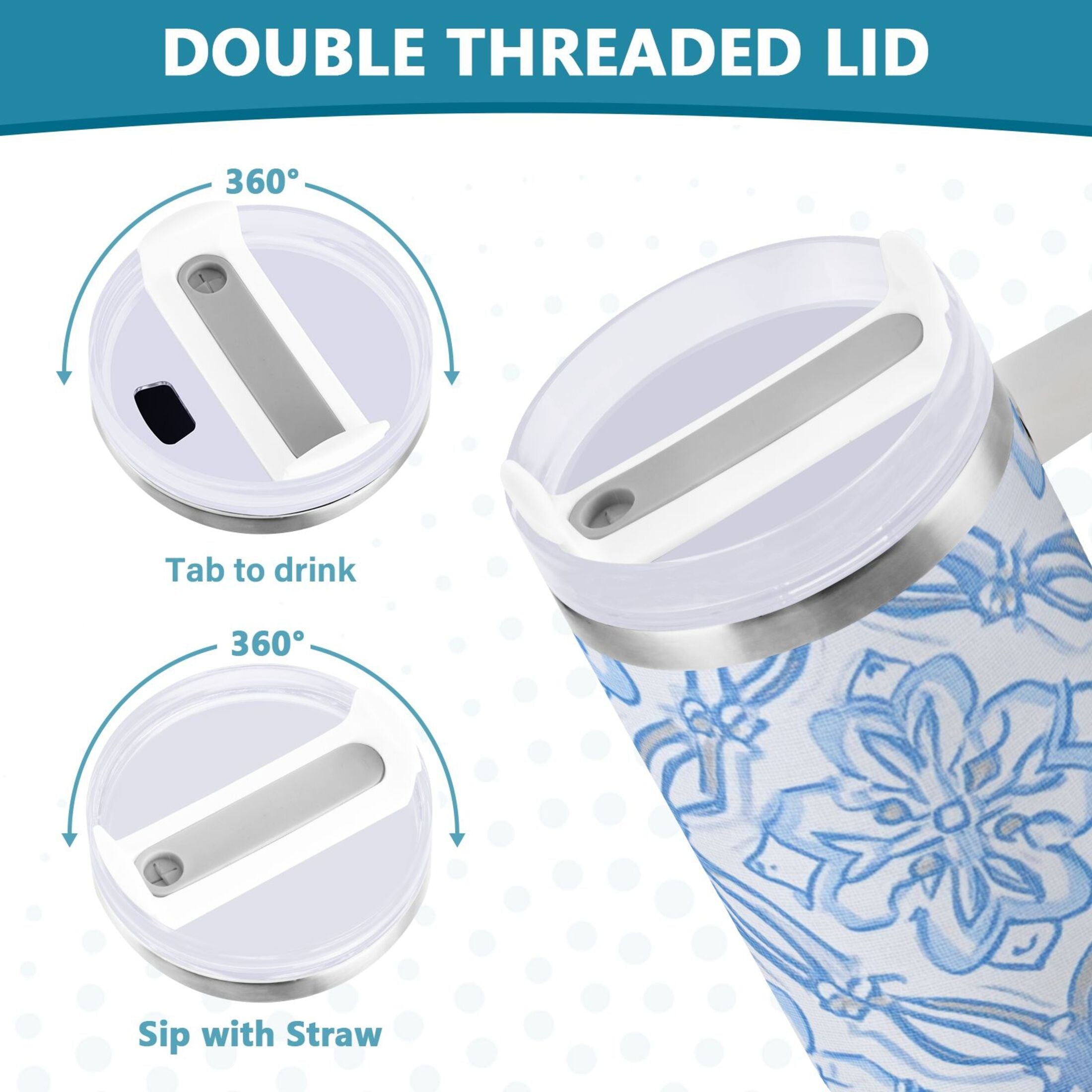 30 oz Insulated Stainless Steel Tumbler Double Wall Stainless Steel Tumbler with 2-Way Drinking Blue Elegant Geometric Design M623L