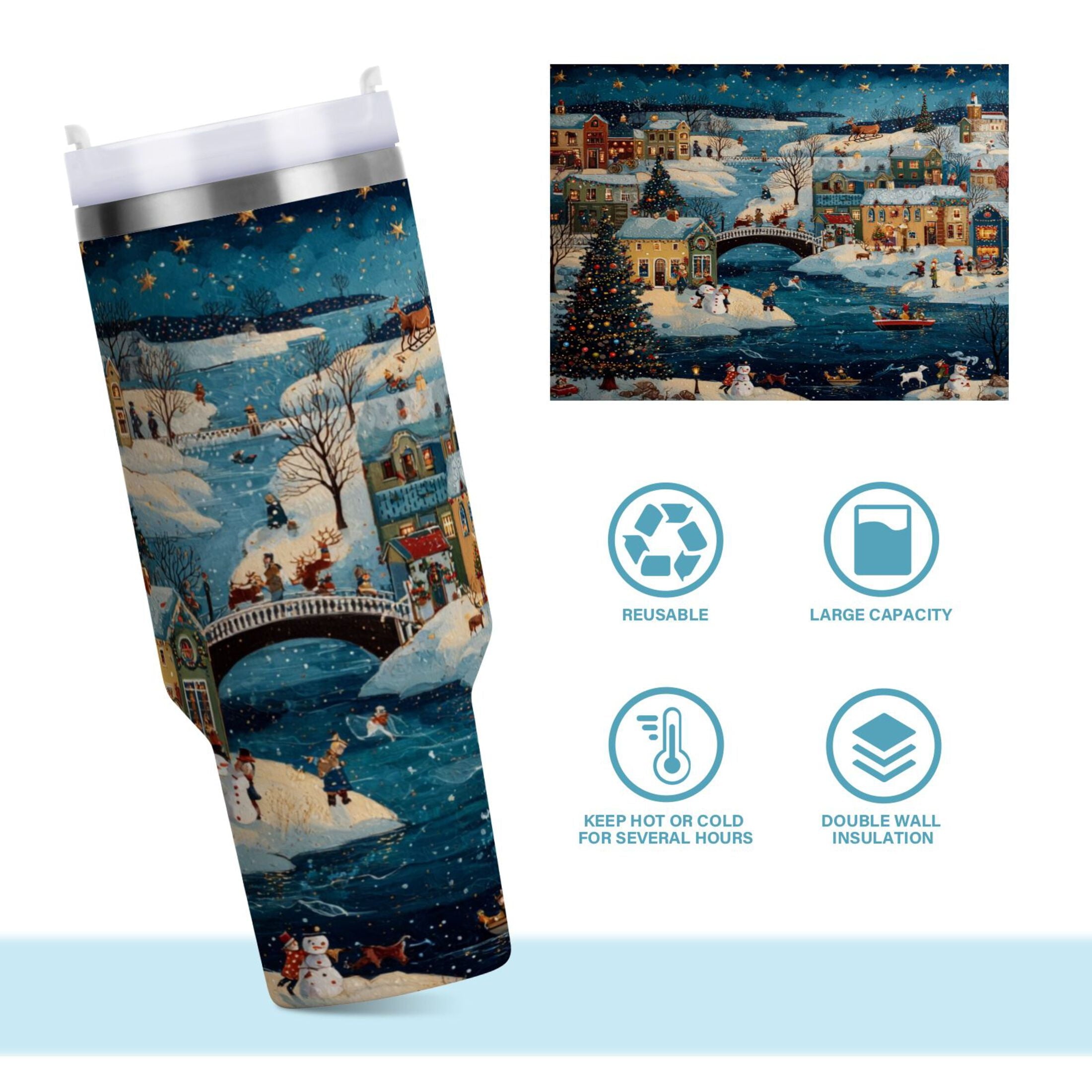 30 oz Insulated Stainless Steel Tumbler Double Wall Stainless Steel Tumbler with 2-Way Drinking Whimsical Christmas Scene M545Q