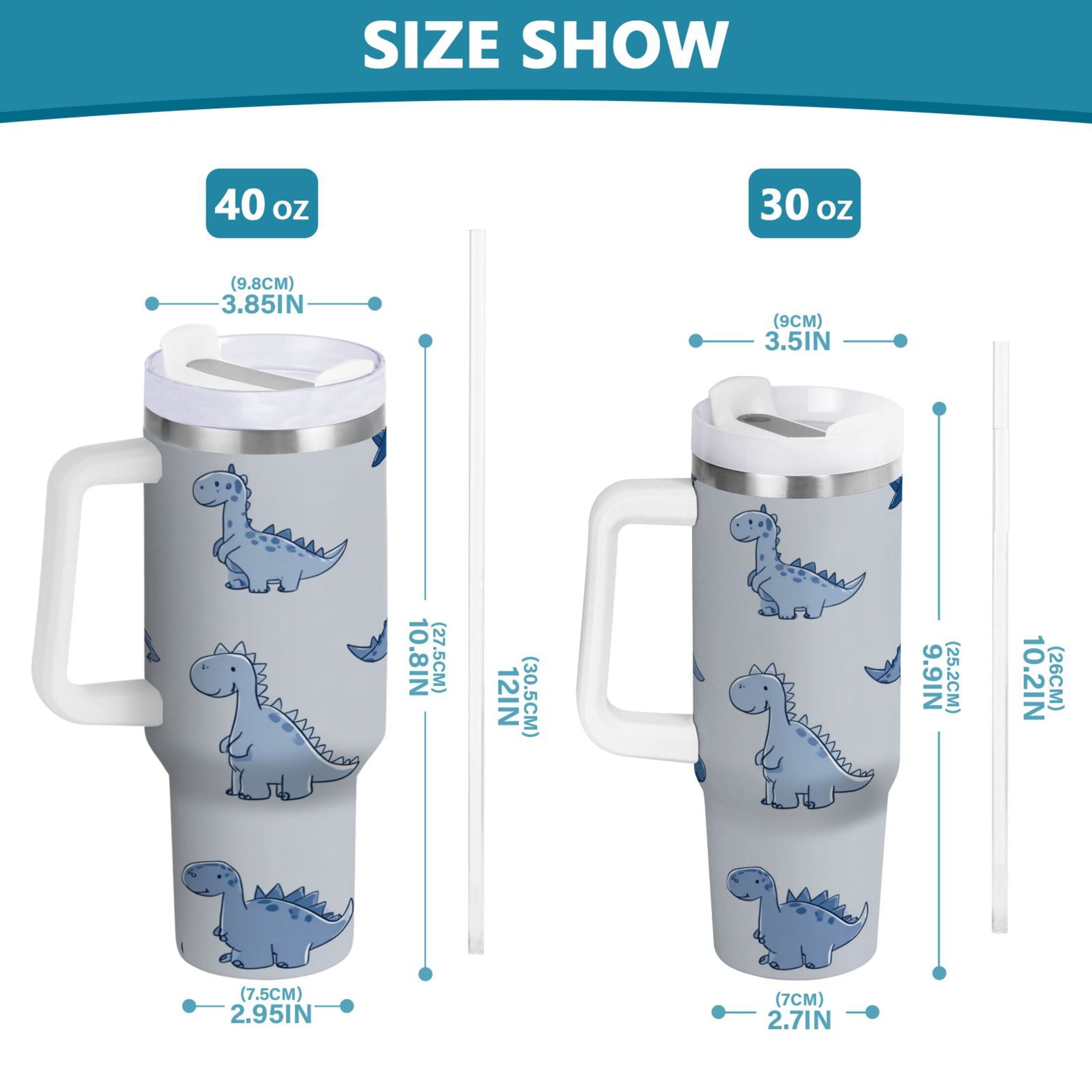 30 oz Insulated Stainless Steel Tumbler Double Wall Stainless Steel Tumbler with 2-Way Drinking Cute Blue Dinosaurs M580Z