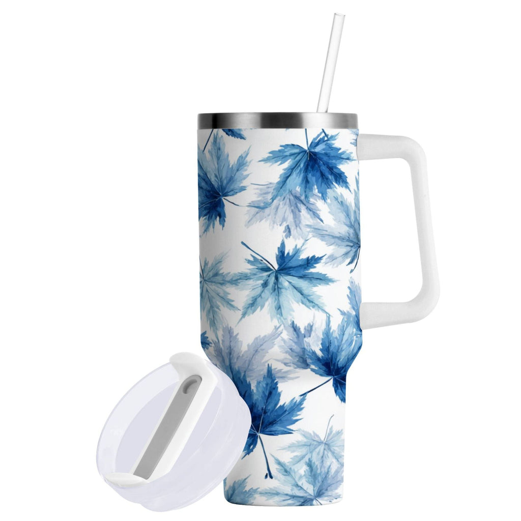 30 oz Insulated Stainless Steel Tumbler Double Wall Stainless Steel Tumbler with 2-Way Drinking Abstract Blue Maple Leaves M581Z