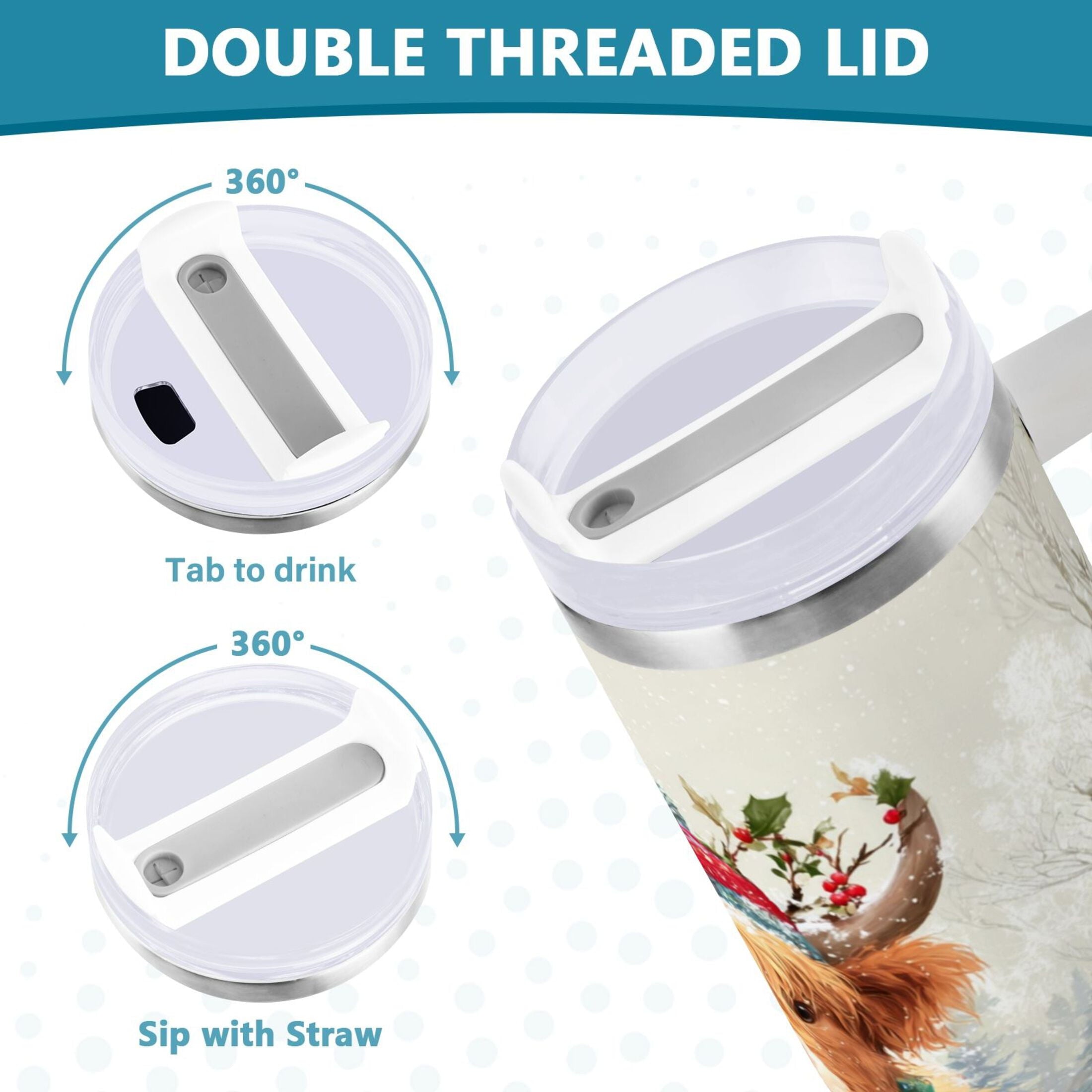 30 oz Insulated Stainless Steel Tumbler Double Wall Stainless Steel Tumbler with 2-Way Drinking Cow Wearing Christmas Hat M681C
