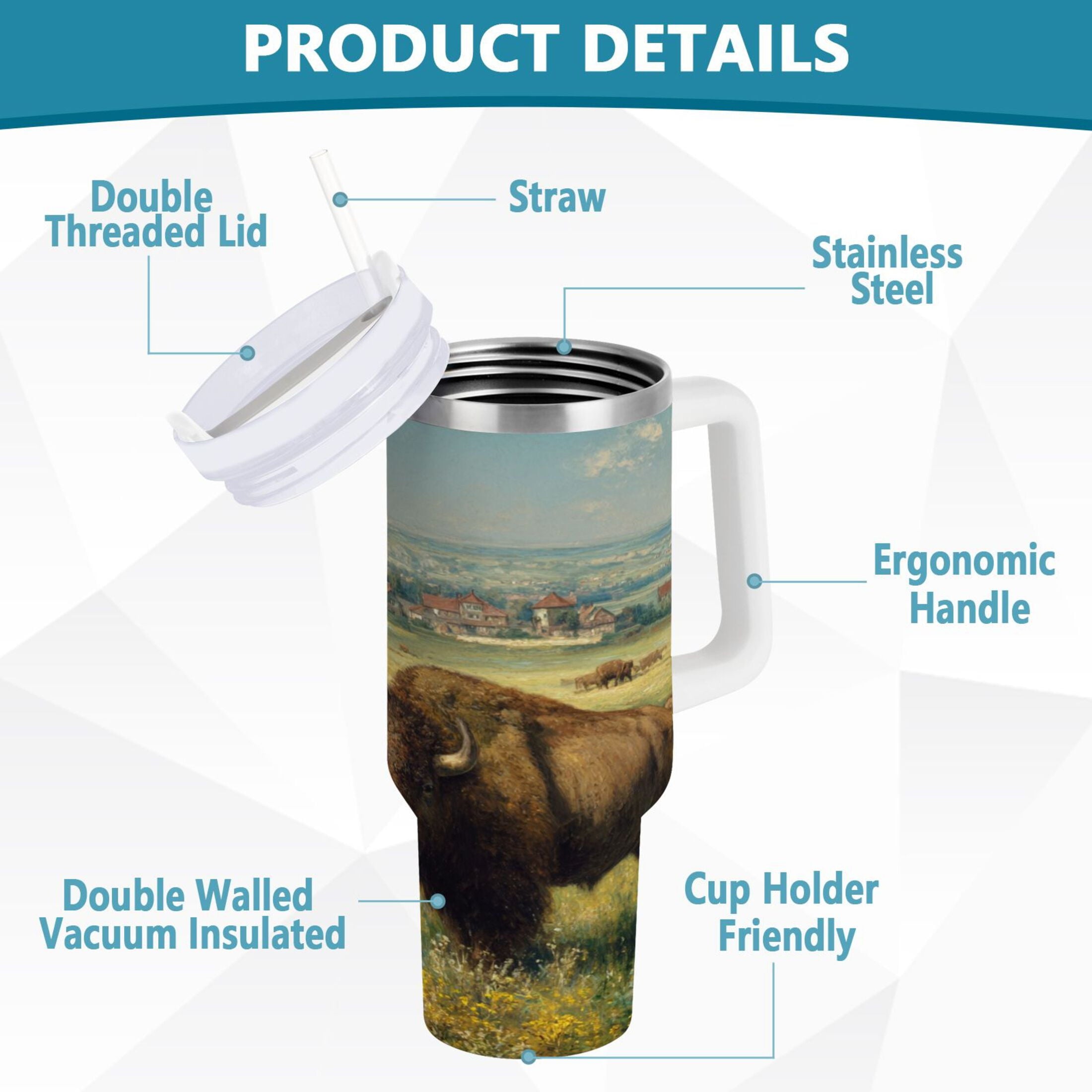 30 oz Insulated Stainless Steel Tumbler Double Wall Stainless Steel Tumbler with 2-Way Drinking Buffalo Herd Oil Painting M660K